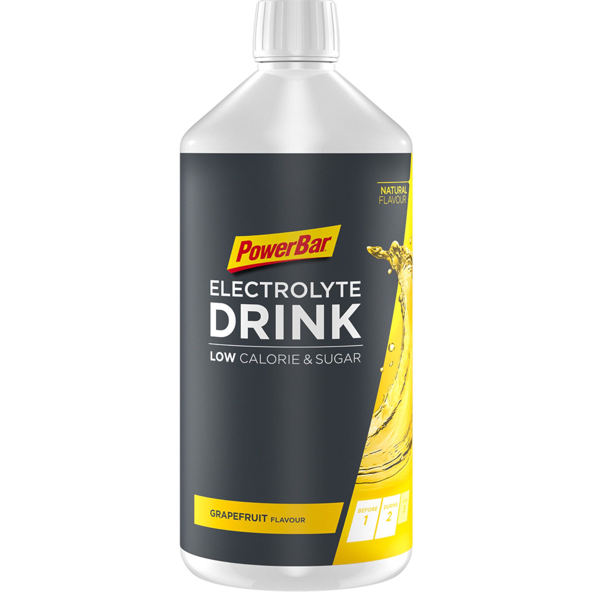 Eine Flasche PowerBar Electrolyte Drink. Schwarzes Etikett mit weißer Schrift. Aufschrift: Electrolyte Drink, Low Calorie & Sugar, Grapefruit.