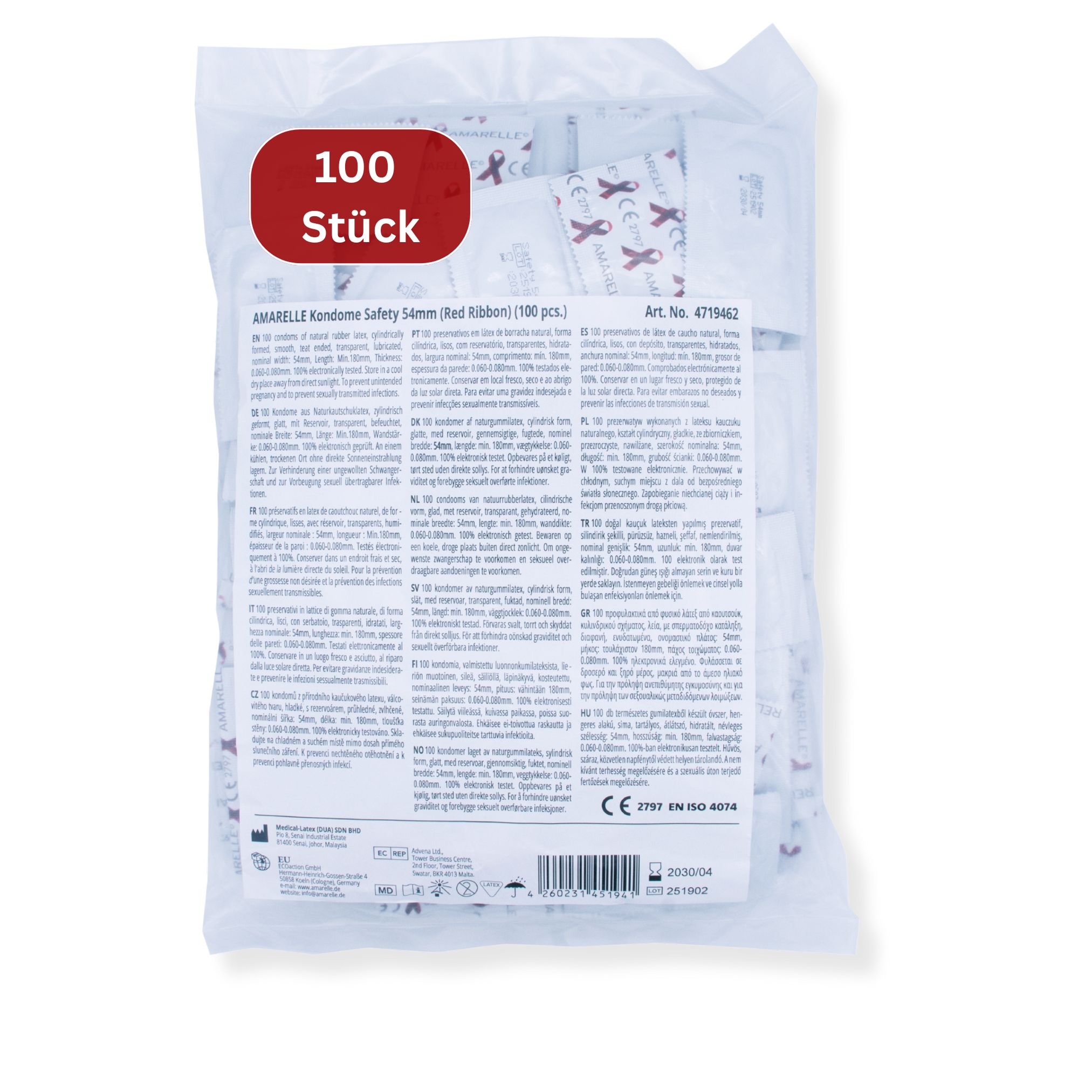 Transparenter Beutel mit Kondomen. Rückseite mit Text und Symbolen. Oben: 100 Stück. Text in mehreren Sprachen.