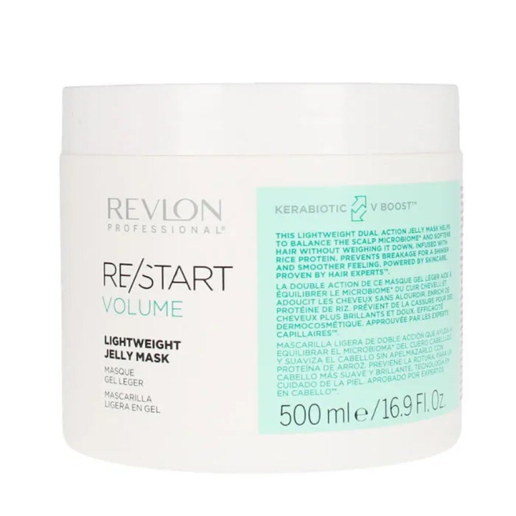 Weißer Tiegel mit Produktetikett. Aufschrift: Revlon Professional, Re/Start Volume, Lightweight Jelly Mask. 500 ml.