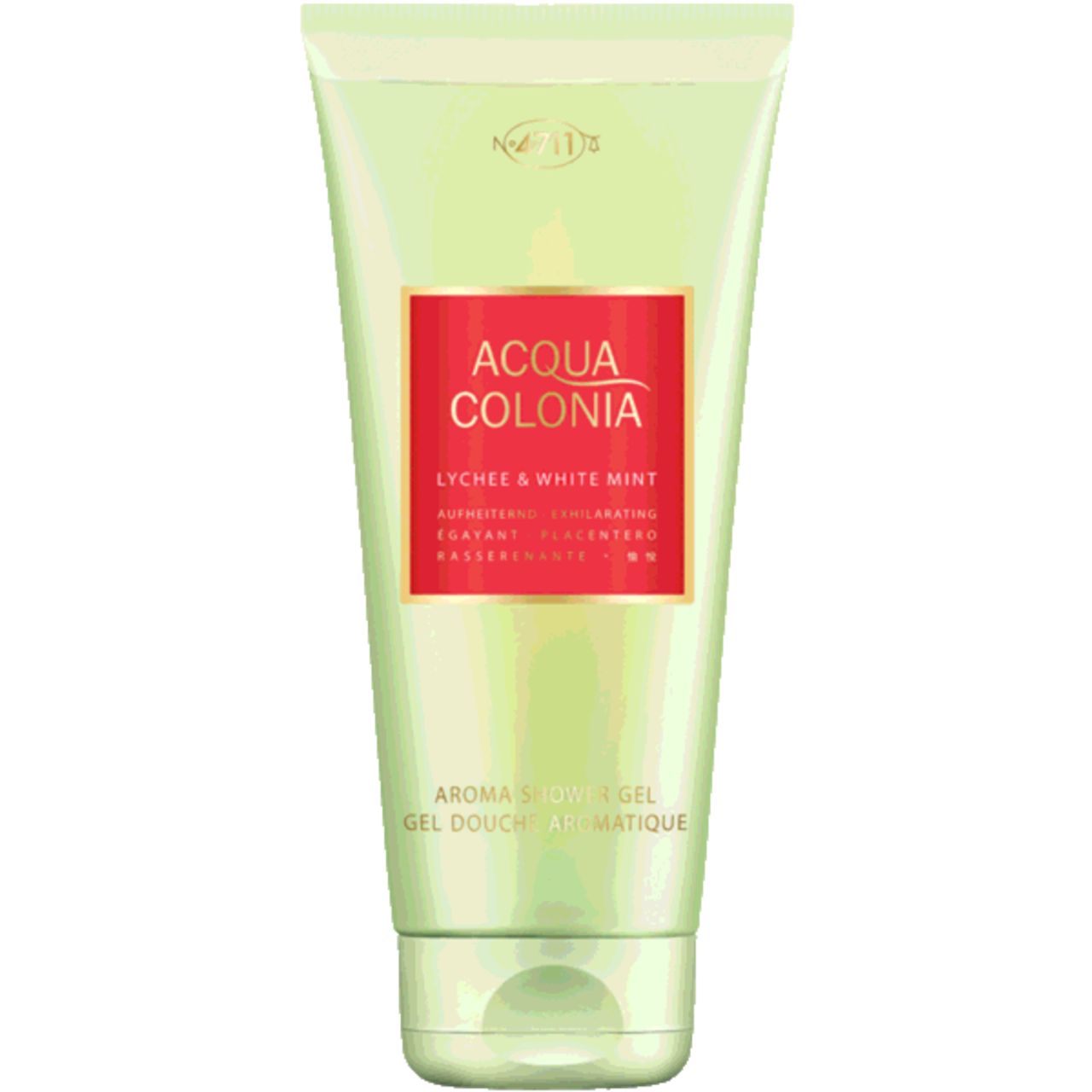 Grüne Tube mit rotem Etikett. Text: Acqua Colonia, Lychee & White Mint, Aroma Shower Gel. Logo oben.