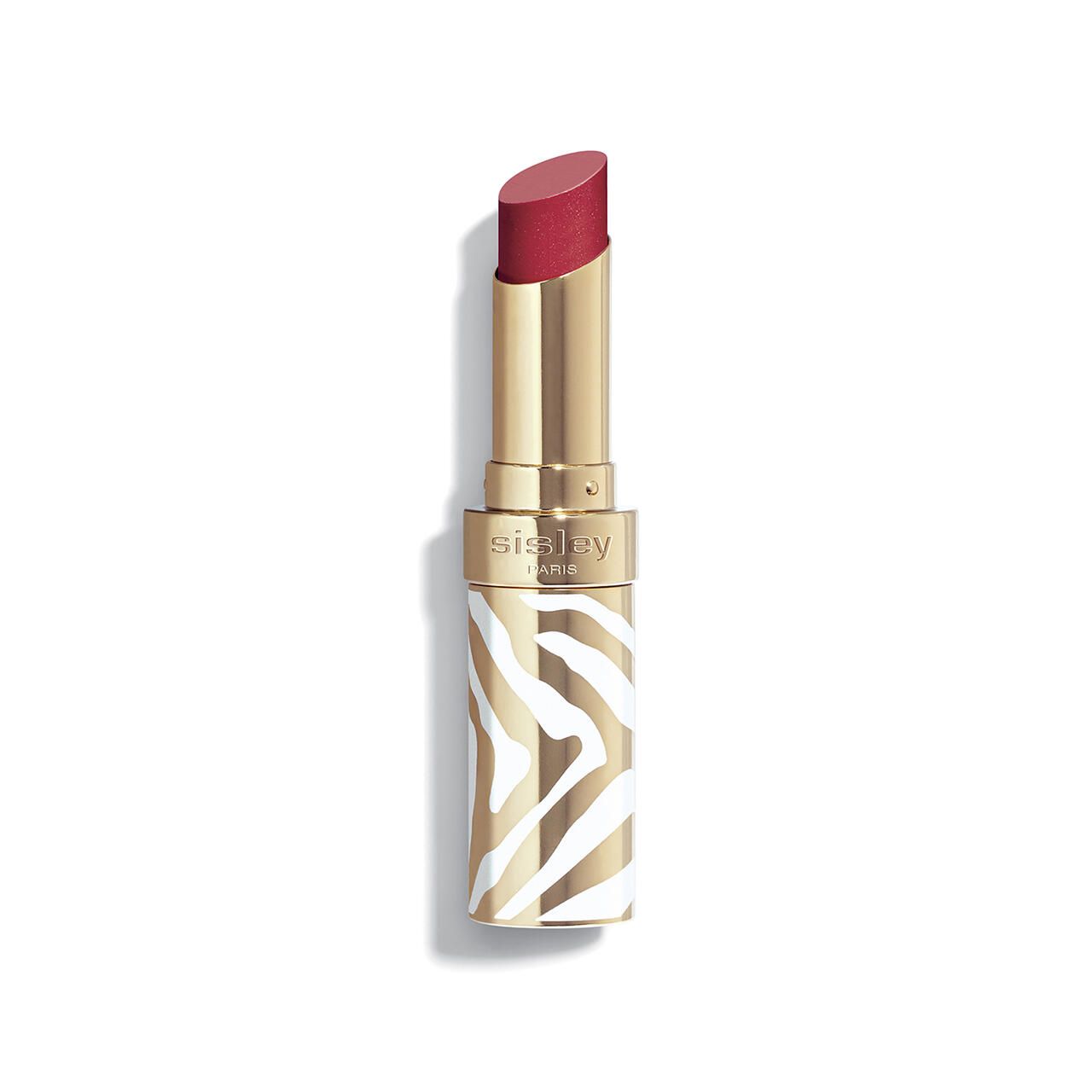 Lippenstift mit goldfarbenem Gehäuse und Zebra-Muster. Der Lippenstift ist teilweise herausgedreht und hat eine rote Farbe.