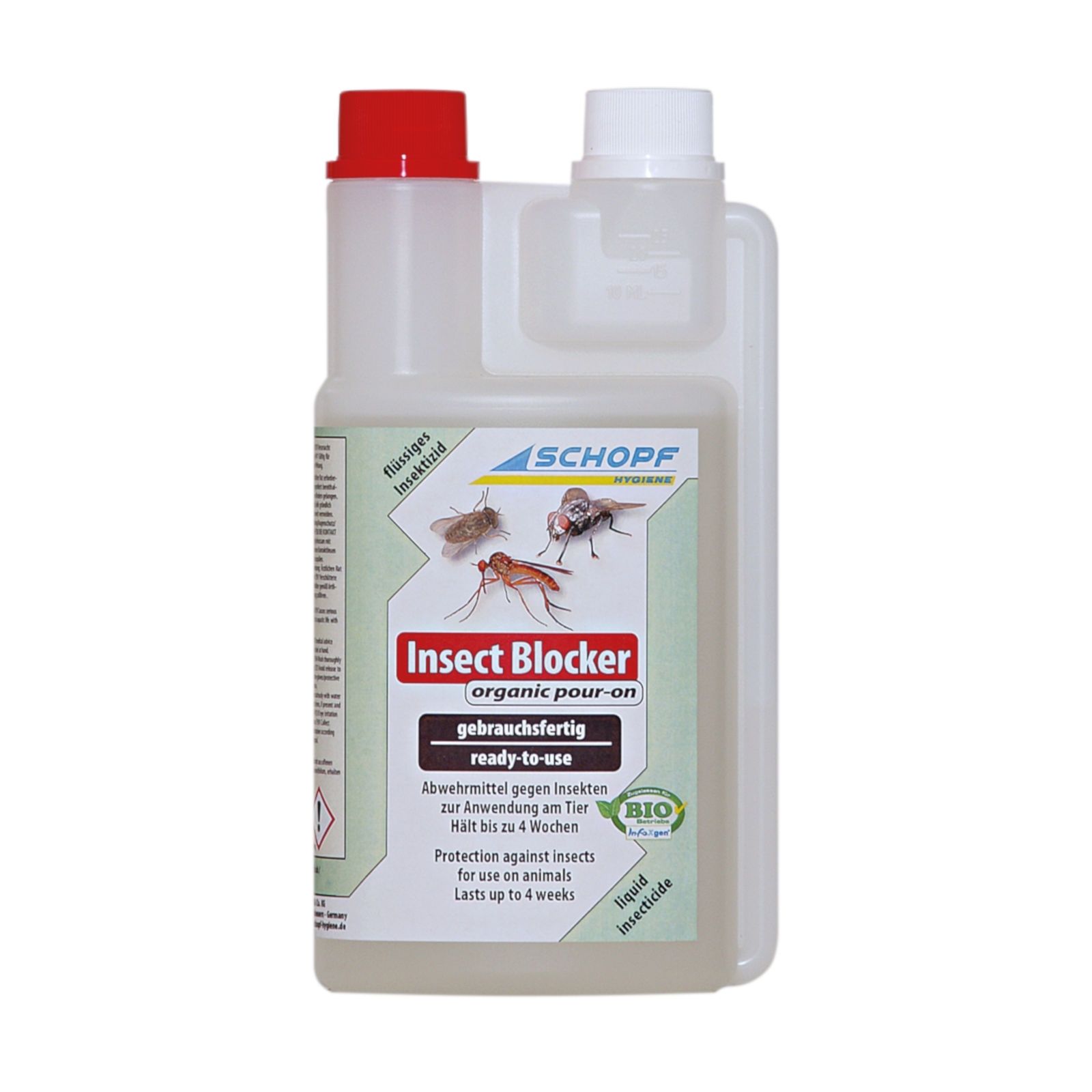 Flasche mit rotem und weißem Verschluss. Beschriftung: Insect Blocker, organic pour-on, gebrauchsfertig, BIO-Siegel.