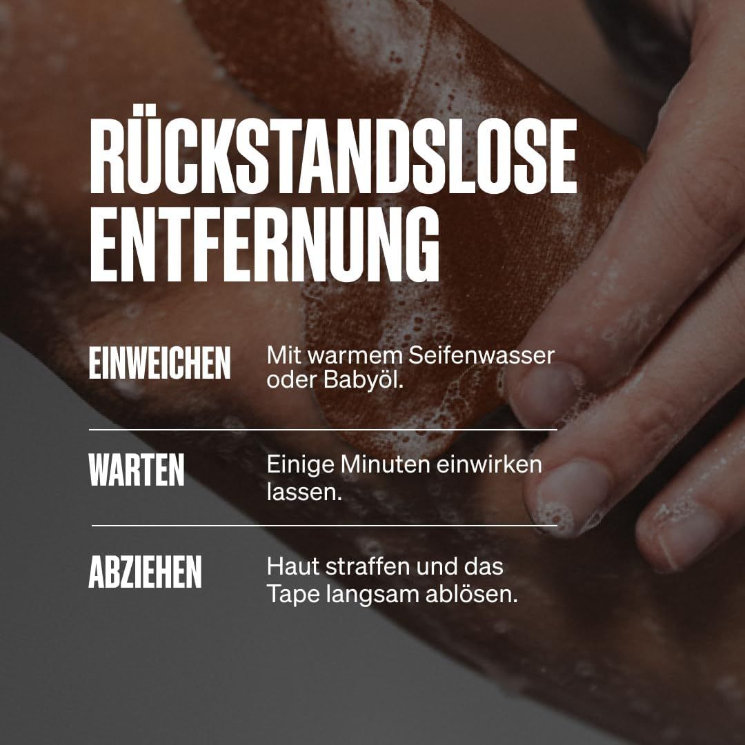 Entfernen von Kinesiologie-Tape mit Wasser und Seife, braun, mit Text 'Rückstandslose Entfernung'.