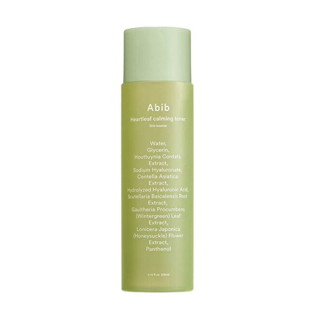 Abib Heartleaf beruhigender Toner, 200ml. Grüne Flasche mit weißem Etikett und Inhaltsstoffen.