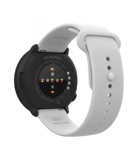 Rückseite der Polar Unite Fitnessuhr. Schwarzes Gehäuse, Sensoren und Markierungen. Weißes Armband.