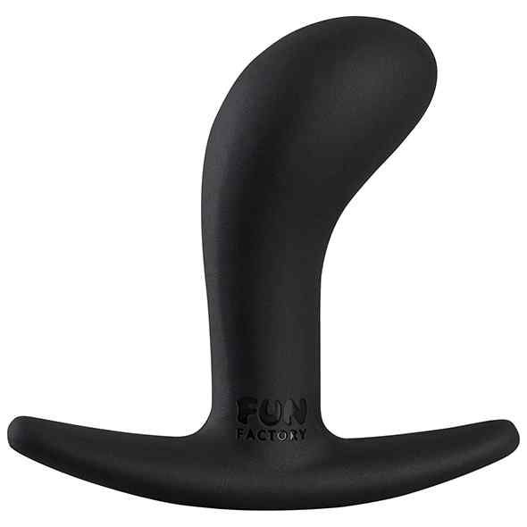 Schwarzer Analplug mit T-förmigem Griff. Der Plug hat eine gebogene Form und das Logo "FUN FACTORY".
