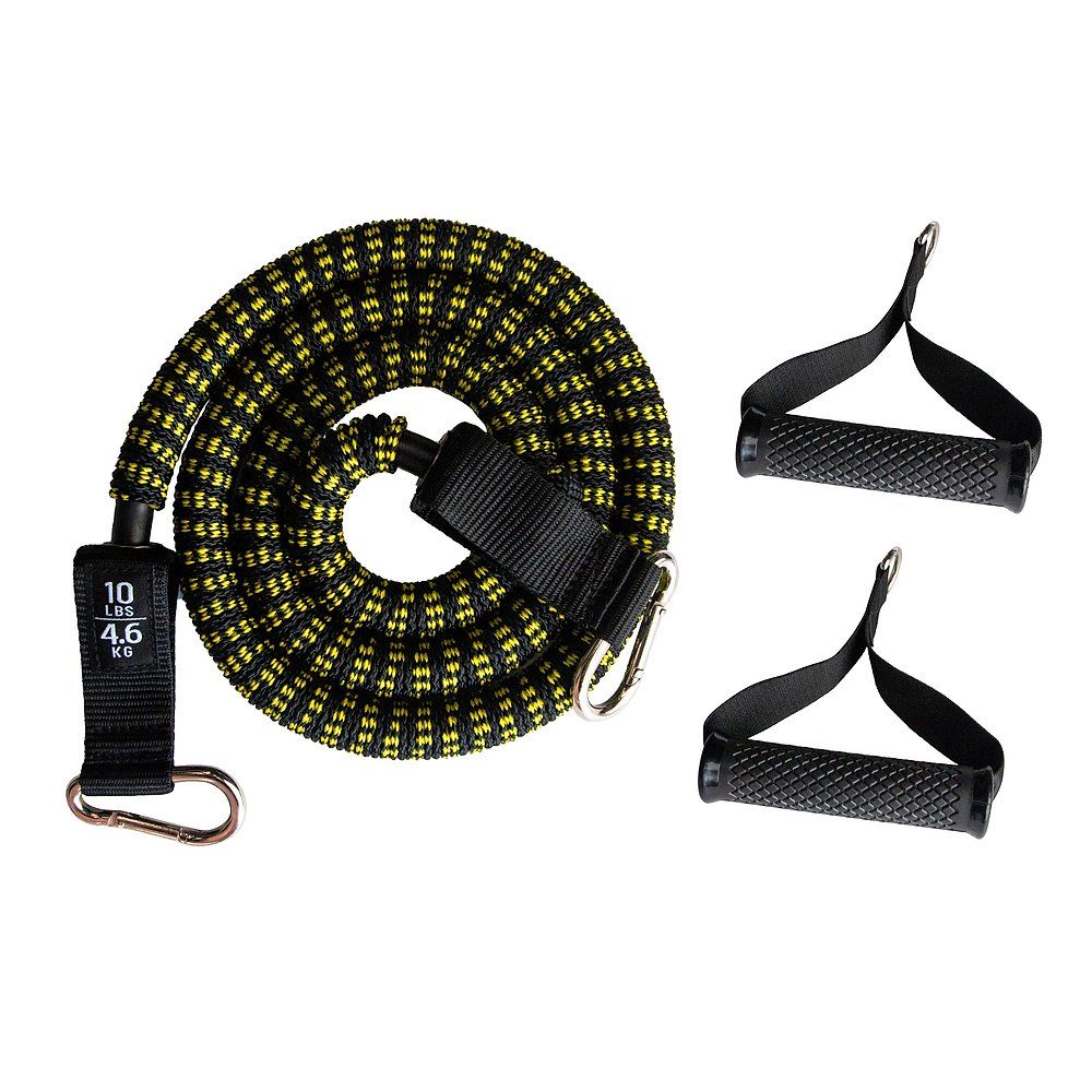 Gelb-schwarzes Fitness-Tube mit Griffen. Schwarze Griffe, Karabinerhaken, Gewichtsanzeige 10 lbs/4.6 kg. Aufgerollt.
