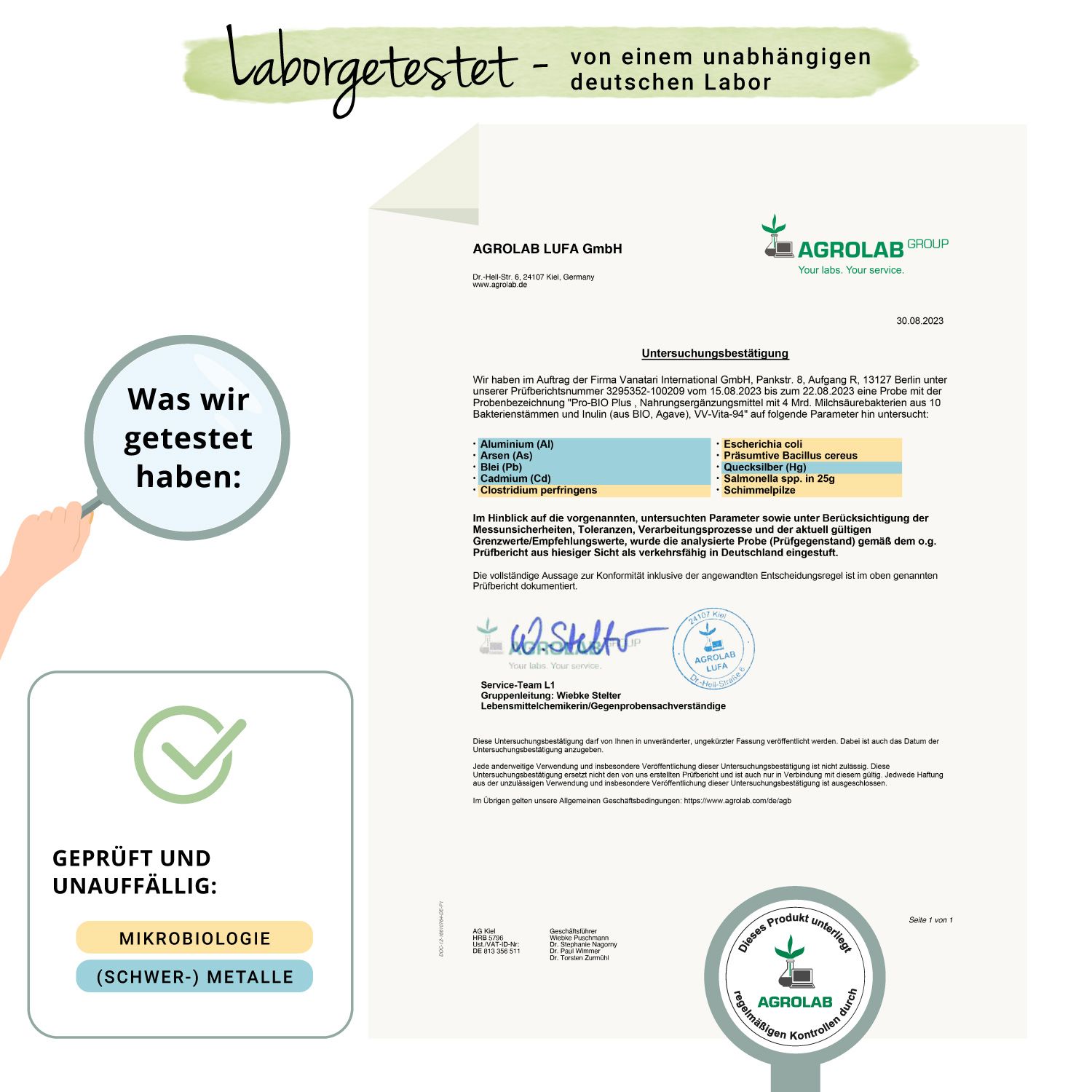 Zertifikat von AGROLAB LUFA GmbH. Geprüft und unauffällig: Mikrobiologie (Schwermetalle). Unterschriften und Stempel.