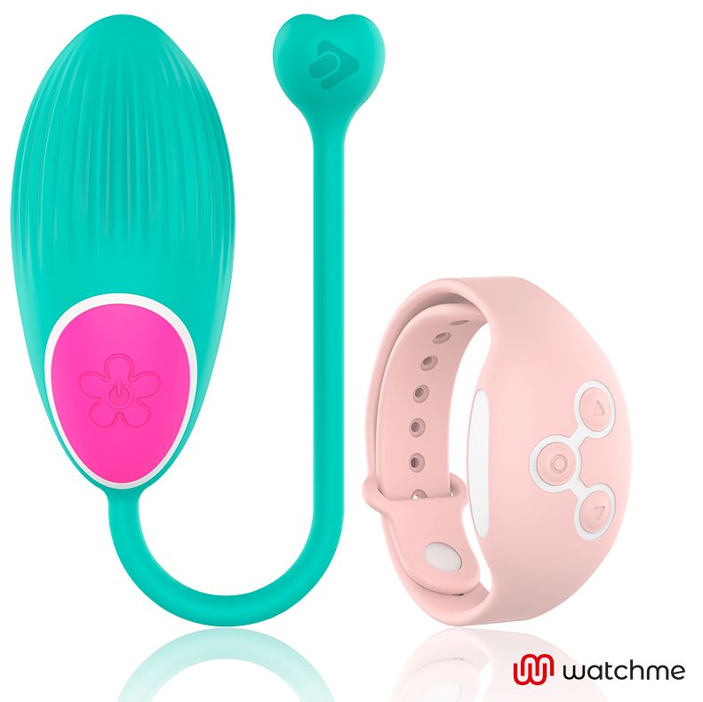 Türkis-Vibro-Ei mit pinkfarbenem Knopf und Armband. Armband rosa mit Knöpfen. Logo: watchme.