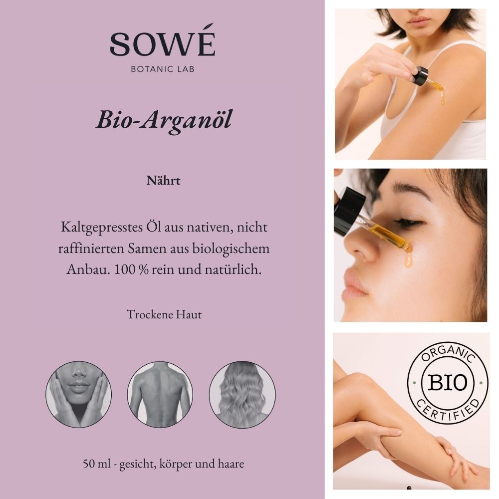 Produkt-Werbetafel mit Text: SOWÉ, Bio-Arganöl, Nährt, kaltgepresstes Öl, 100% rein und natürlich. Bio-Zertifizierung. Fotos von Haut.