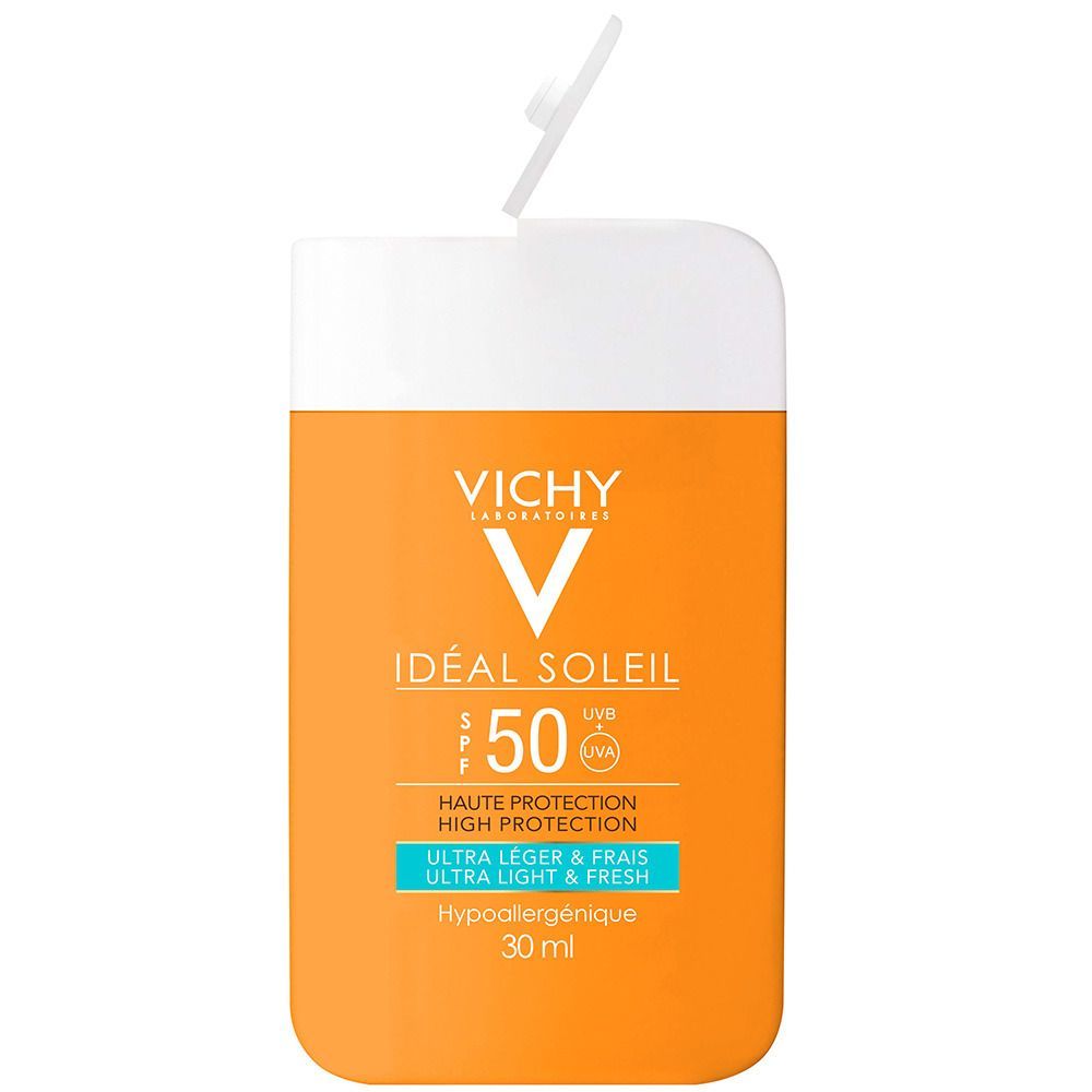 Sonnenfluid-Tube, orange mit weißem Deckel. Produktname und Lichtschutzfaktor 50. Inhalt 30 ml.