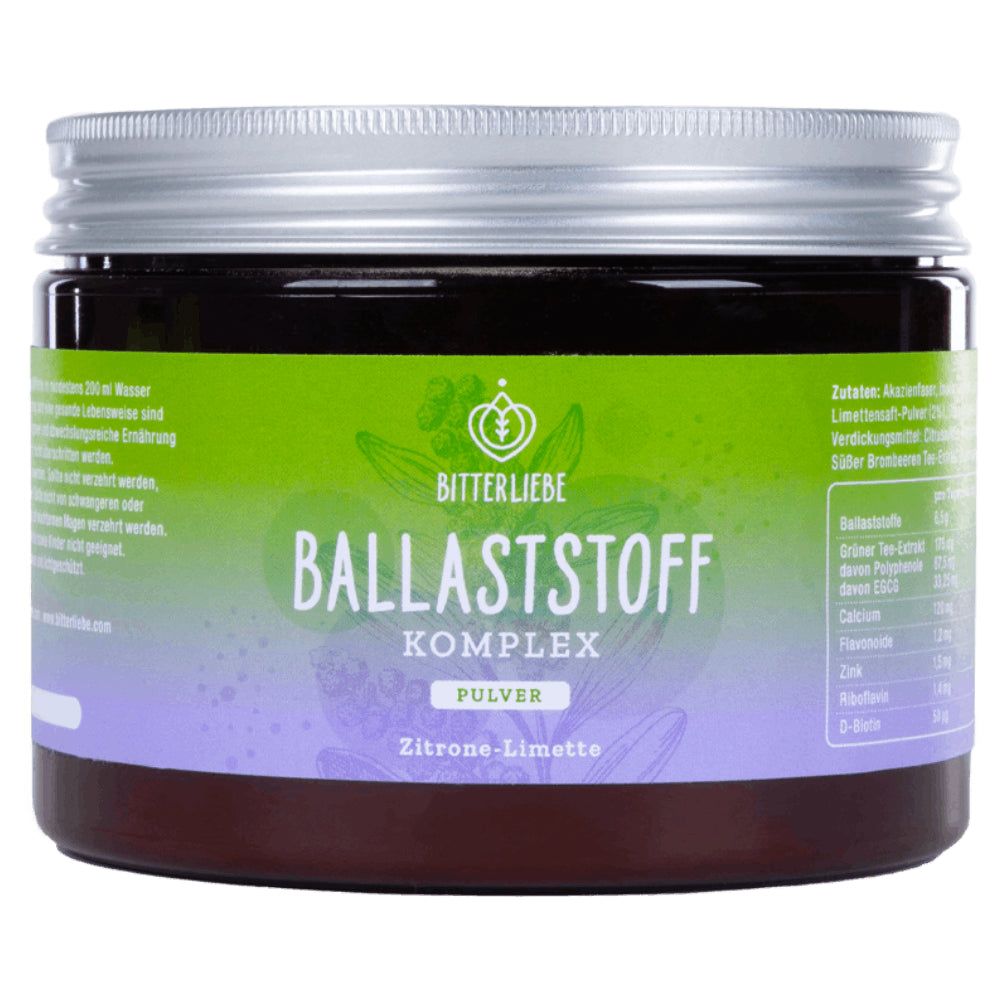 Braune Dose mit silbernem Deckel. Aufschrift: BitterLiebe, Ballaststoff Komplex, Pulver, Zitrone-Limette. Grün-lila Etikett.
