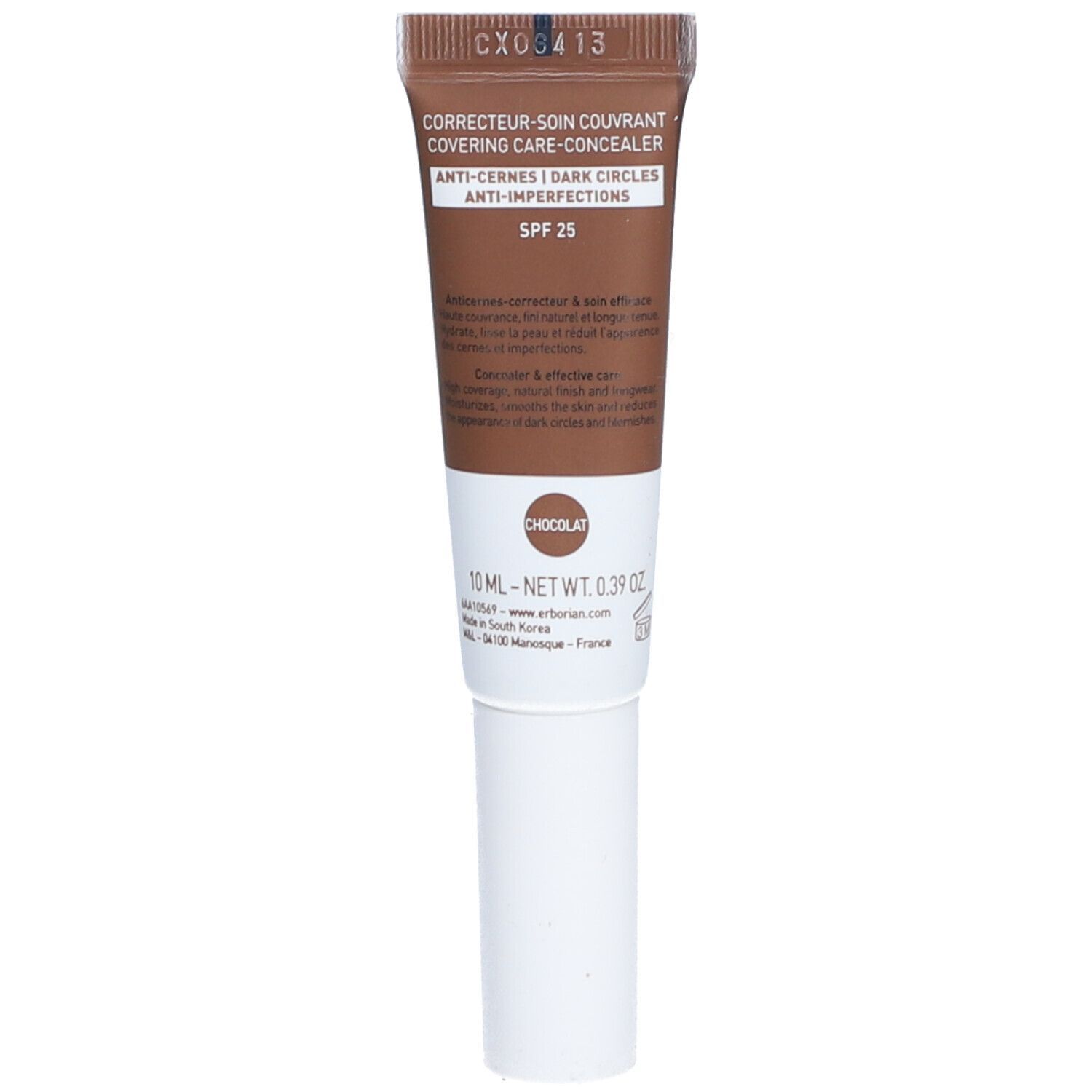 Braune Tube mit weißem Verschluss. Aufschrift: SUPER BB CONCEALER, SPF 25, CHOCOLAT. Marke: Erborian.
