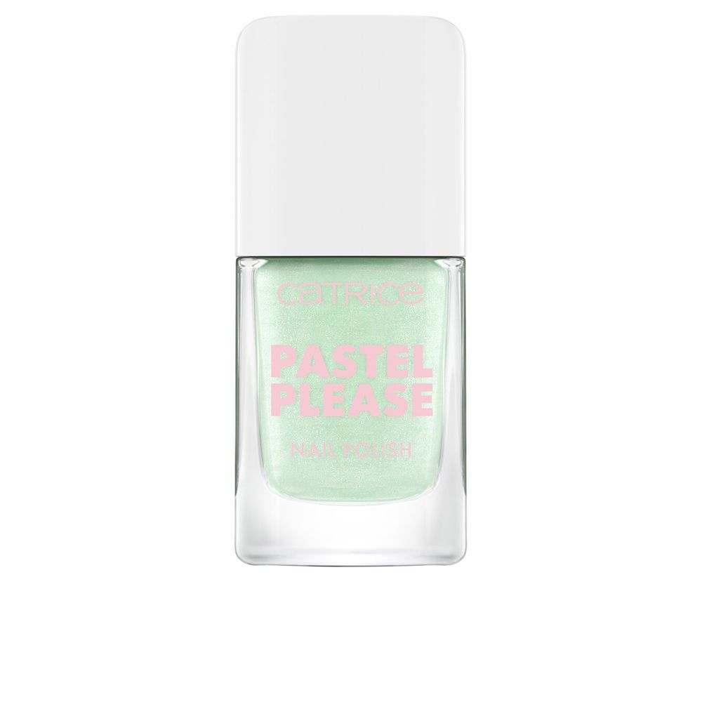Nagellackflasche mit weißem Deckel. Mintfarbener Lack mit rosa Schriftzug "PASTEL PLEASE". Marke Catrice.