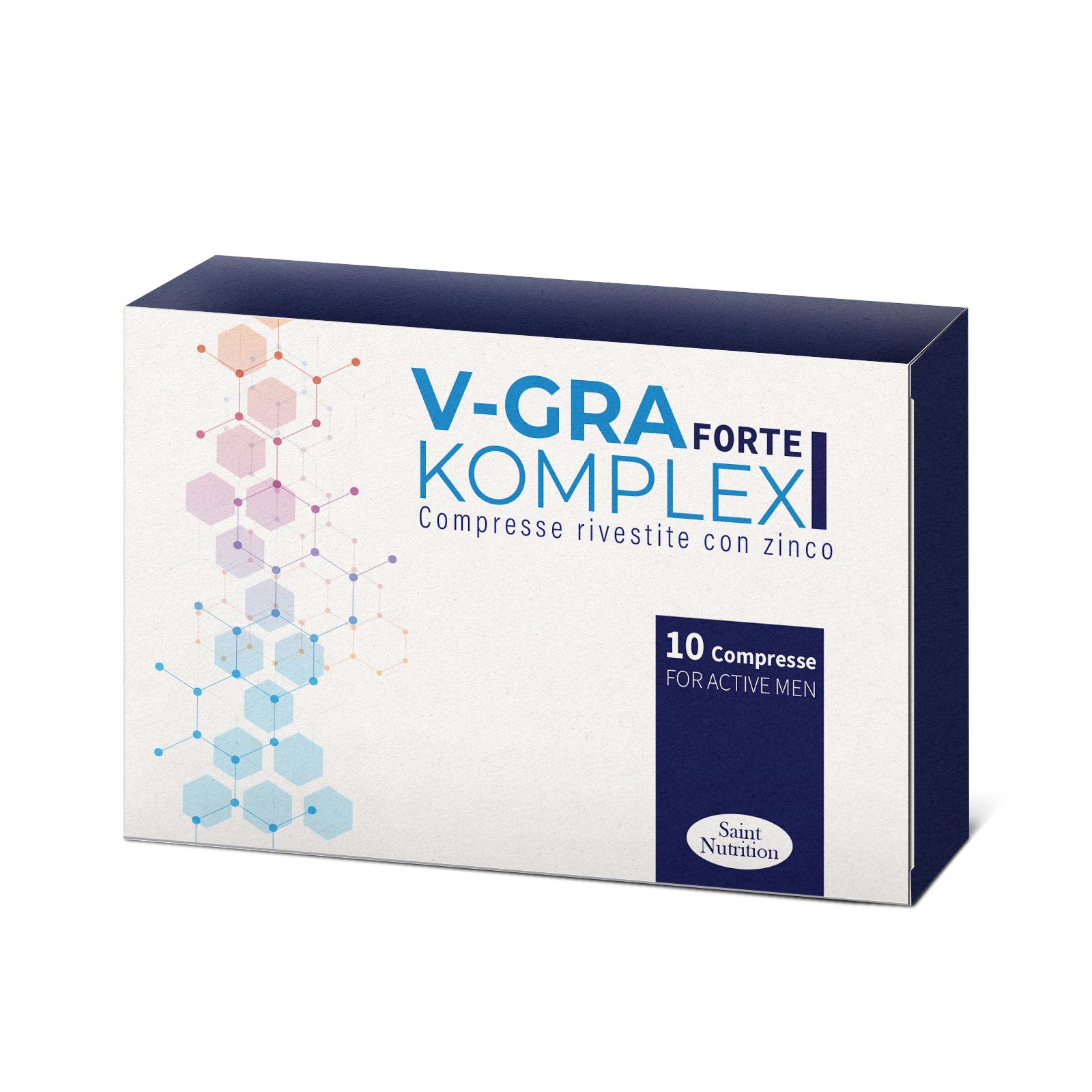 Scatola di V-GRA Forte Komplex. Scritta: Compresse rivestite con zinco, 10 compresse, for active men. Marchio: Saint Nutrition.