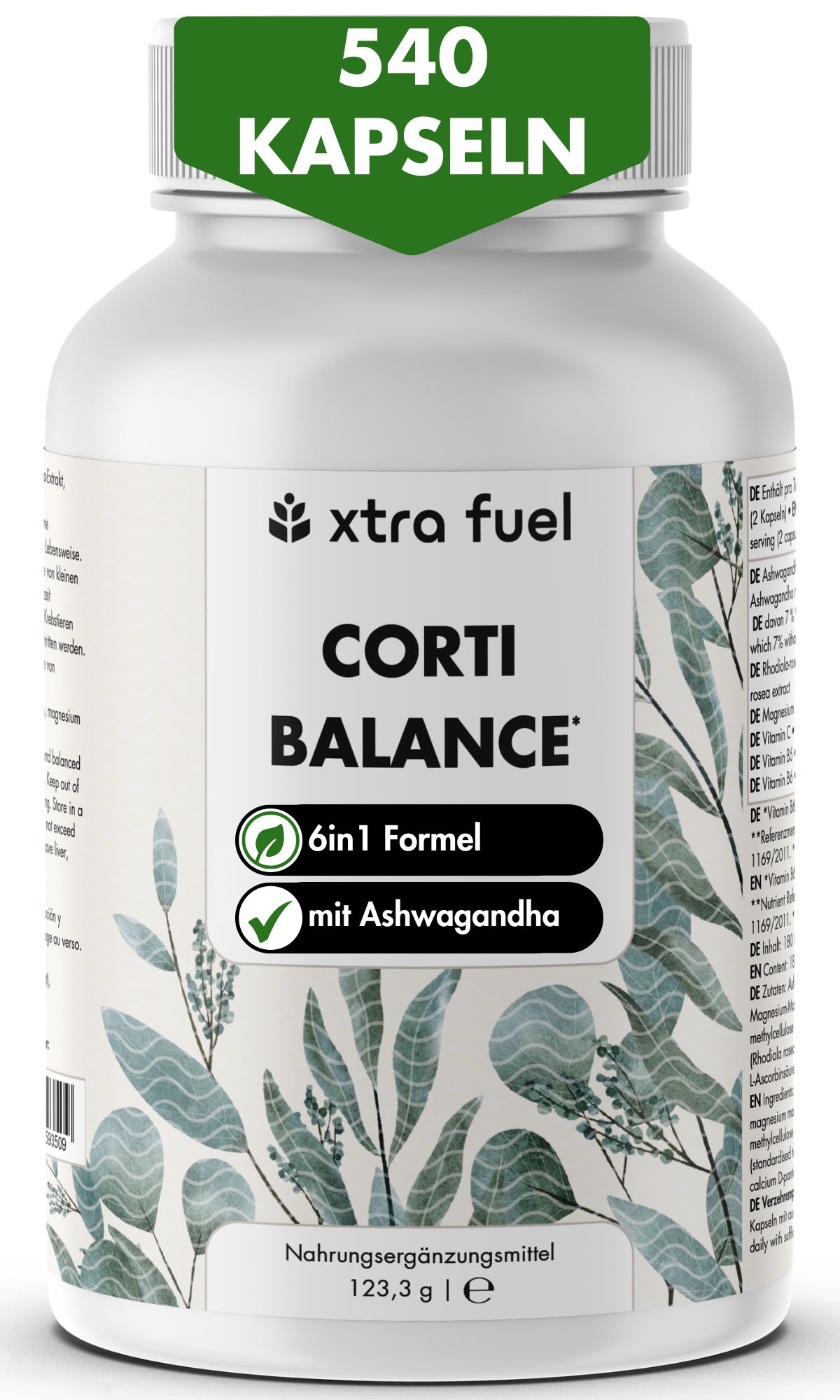 Weiße Dose mit XTRA FUEL Corti Balance Kapseln, 540 Stück.
