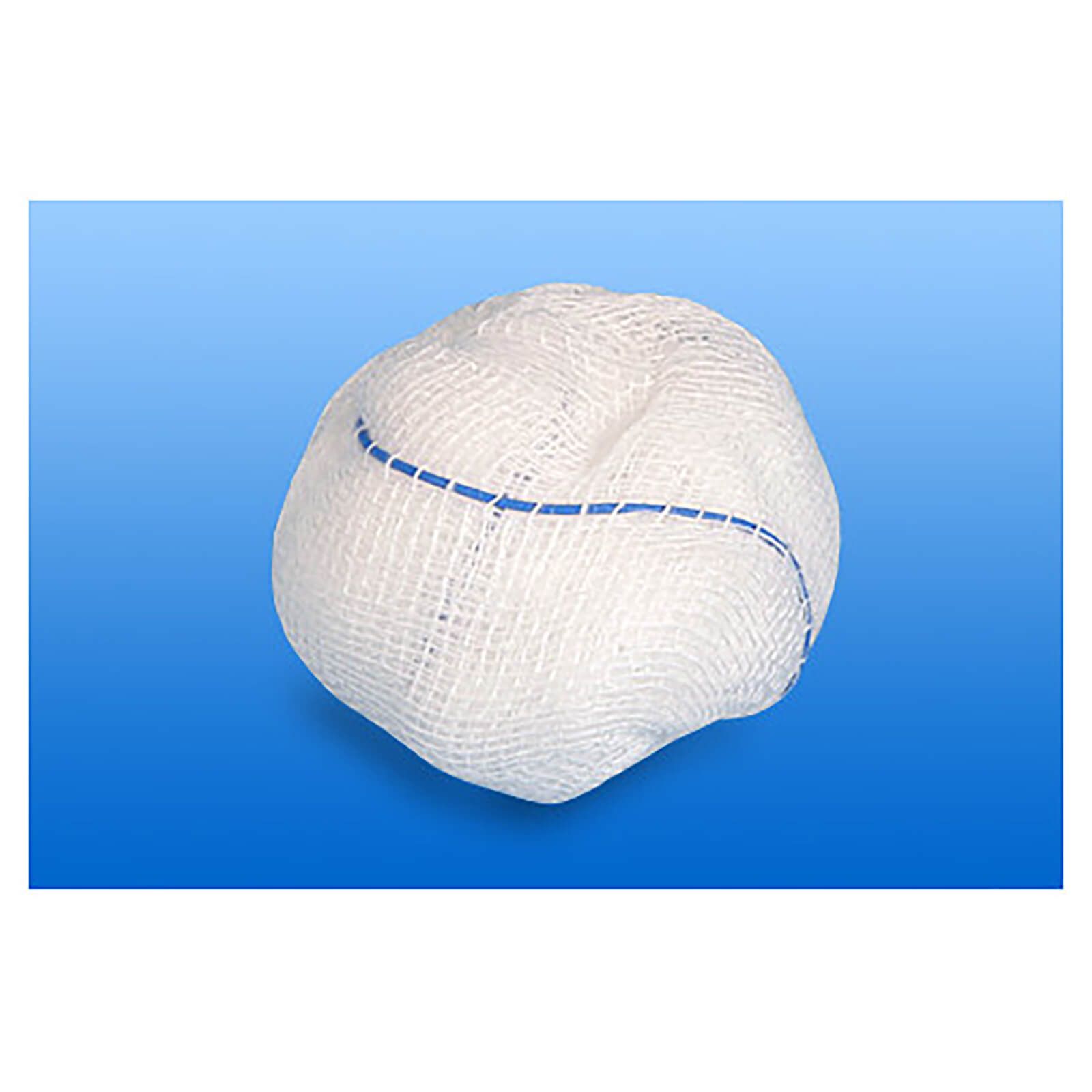 Weißer Mulltupfer mit blauer Naht. Runde Form. Produktmerkmal: X-Ray.