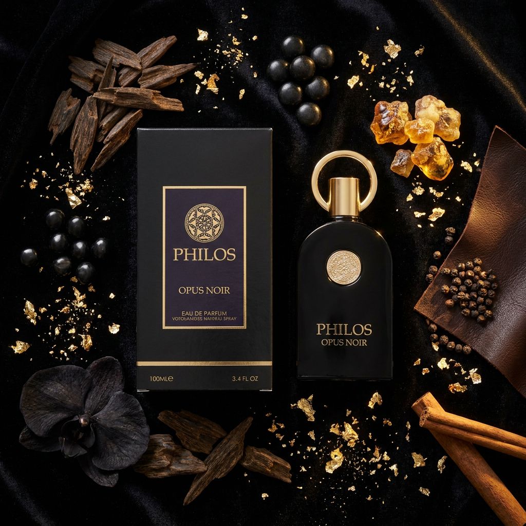 Schwarze Eau de Parfum Flasche und Verpackung umgeben von Gewürzen, Blüten und Goldflocken. PhilOS Opus Noir.