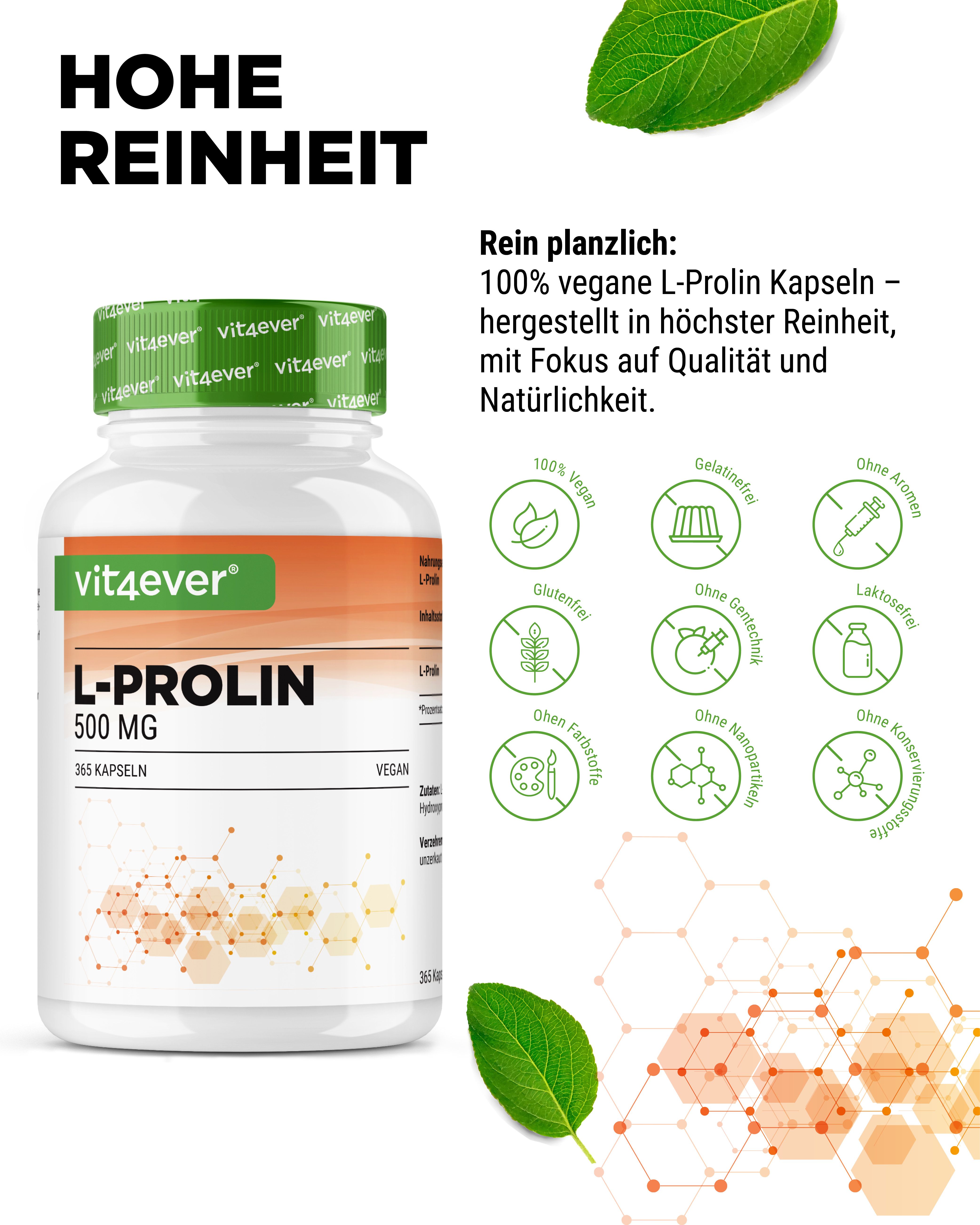 Vit4ever L-Prolin, 365 Kapseln. Flasche mit Kapseln, Text: L-Prolin 500 mg, vegan. Symbole: vegan, glutenfrei, ohne Aromen, etc.