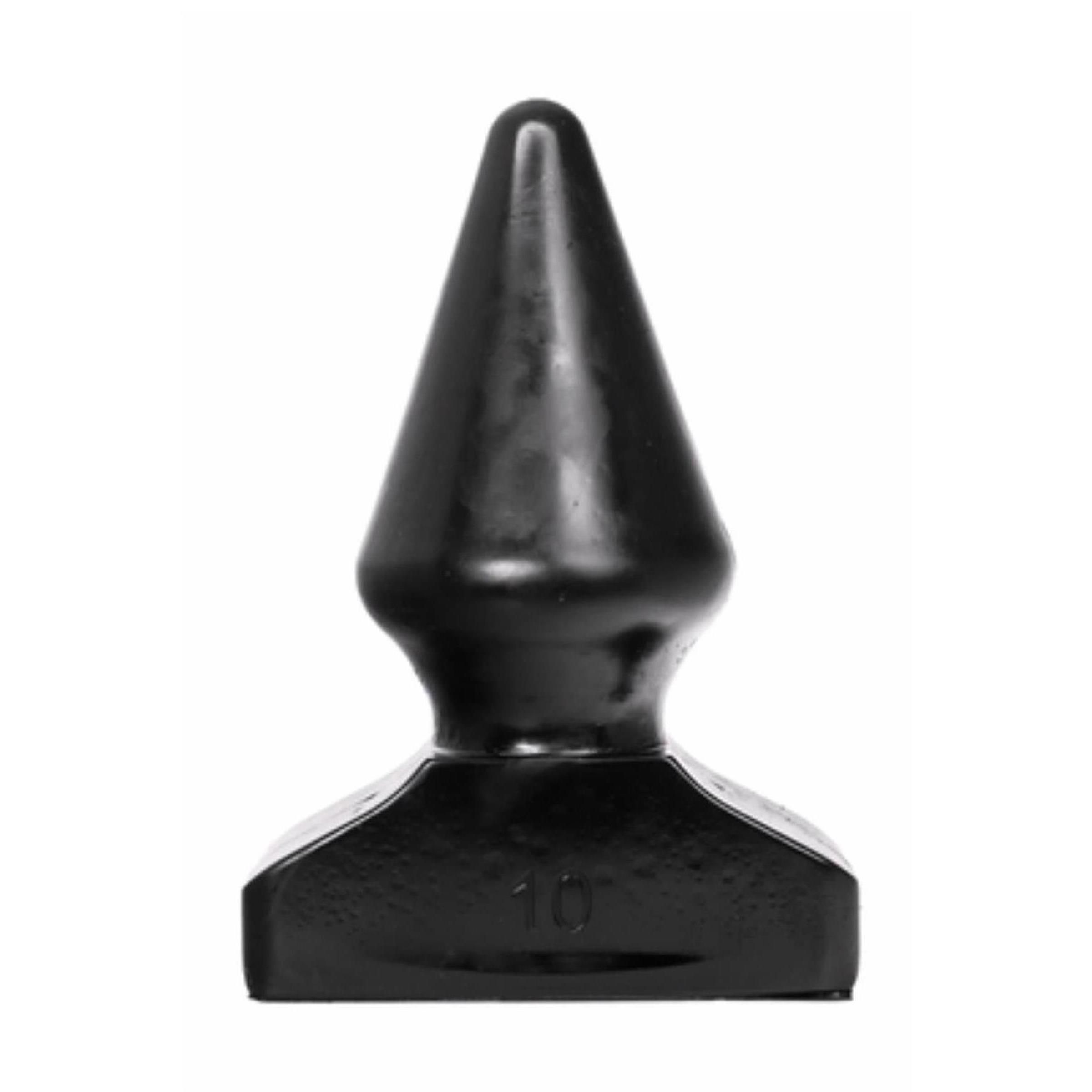 Schwarzer Analplug. Kegelförmig mit breiter Basis. Auf der Basis ist die Zahl "10" eingeprägt.