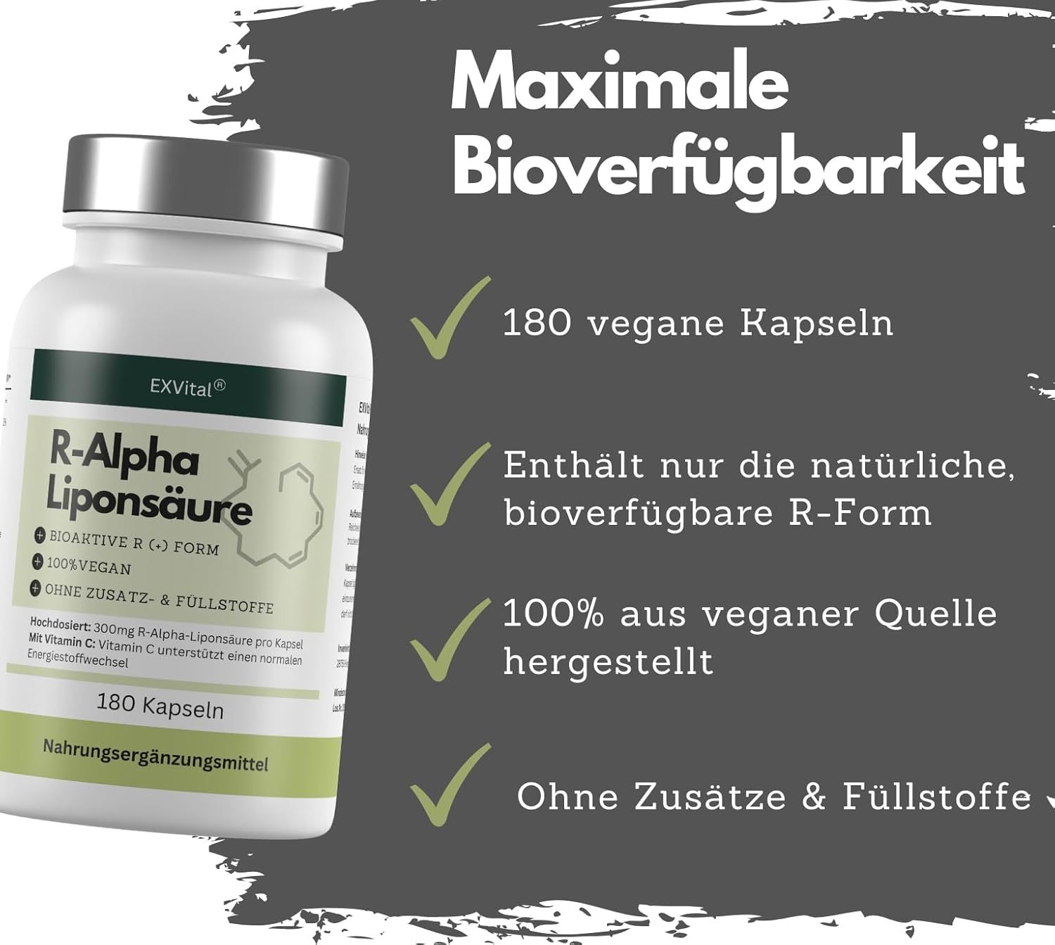 Flasche EXVital R-Alpha-Liponsäure Kapseln. Text: 180 vegane Kapseln, enthält nur die natürliche, bioverfügbare R-Form, 100% vegan.