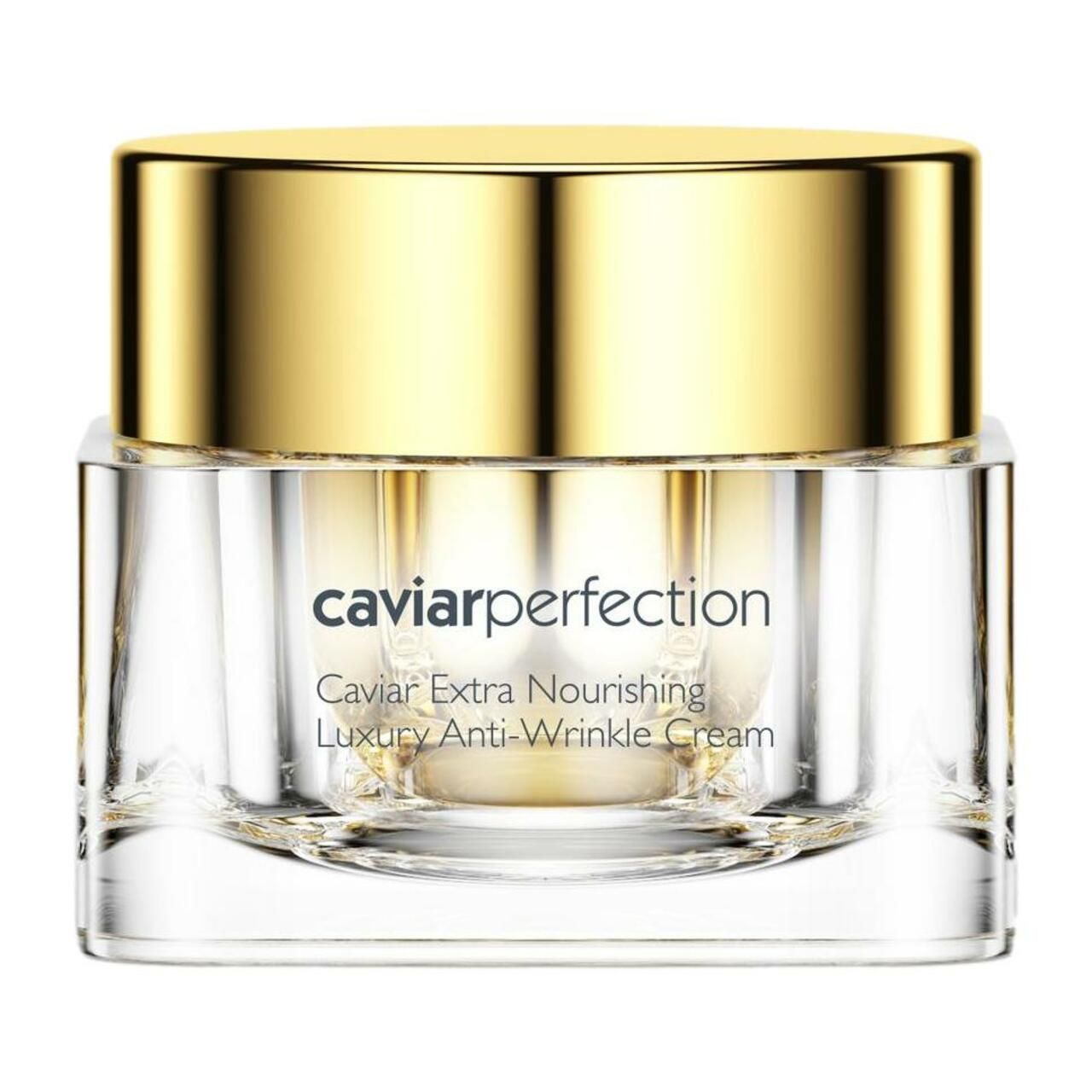 Glasbehälter mit goldenem Deckel. Aufschrift: caviarperfection, Caviar Extra Nourishing Luxury Anti-Wrinkle Cream.