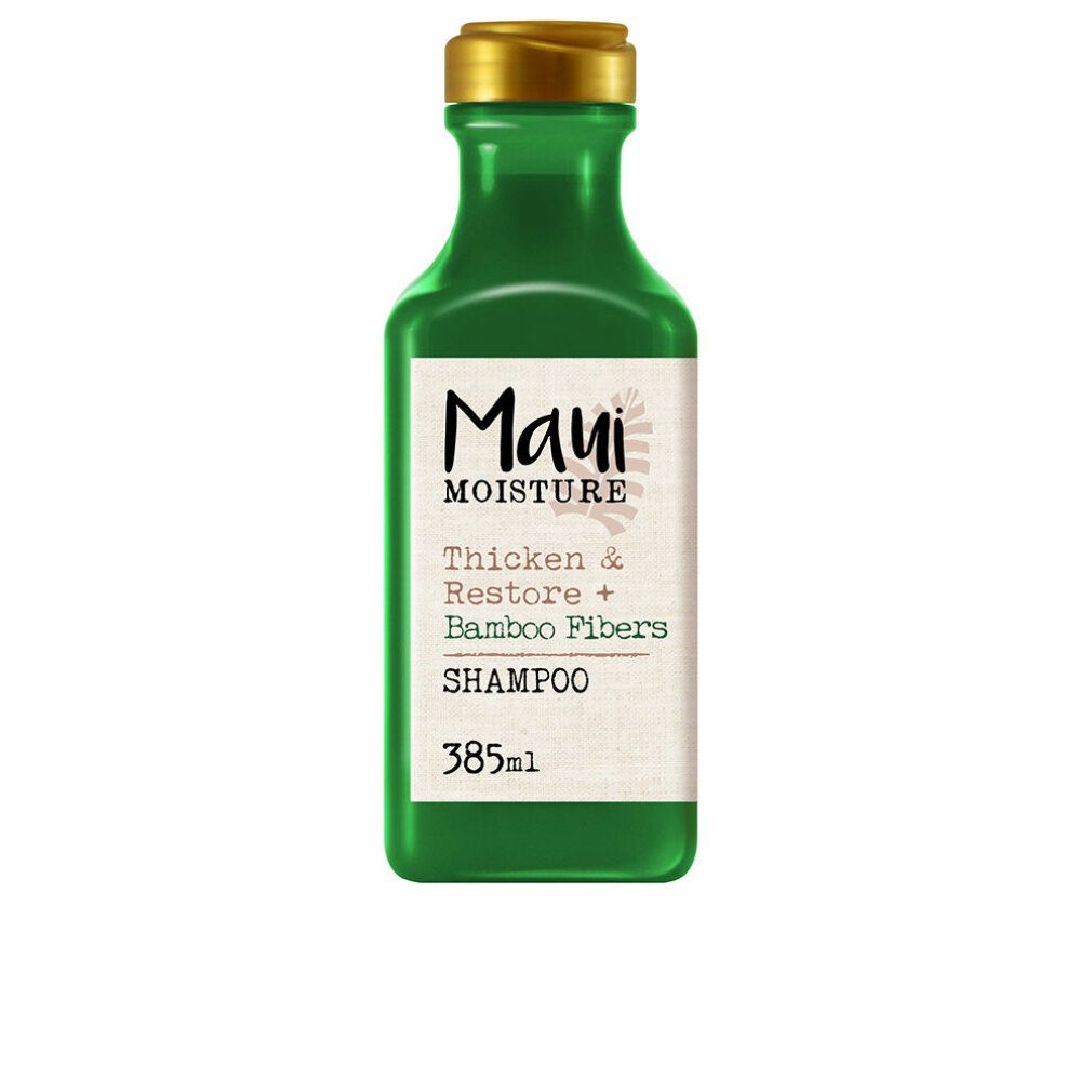 Grüne Shampoo-Flasche mit goldfarbenem Deckel. Etikett mit Produktnamen und Inhaltsstoffen. Volumen: 385 ml.