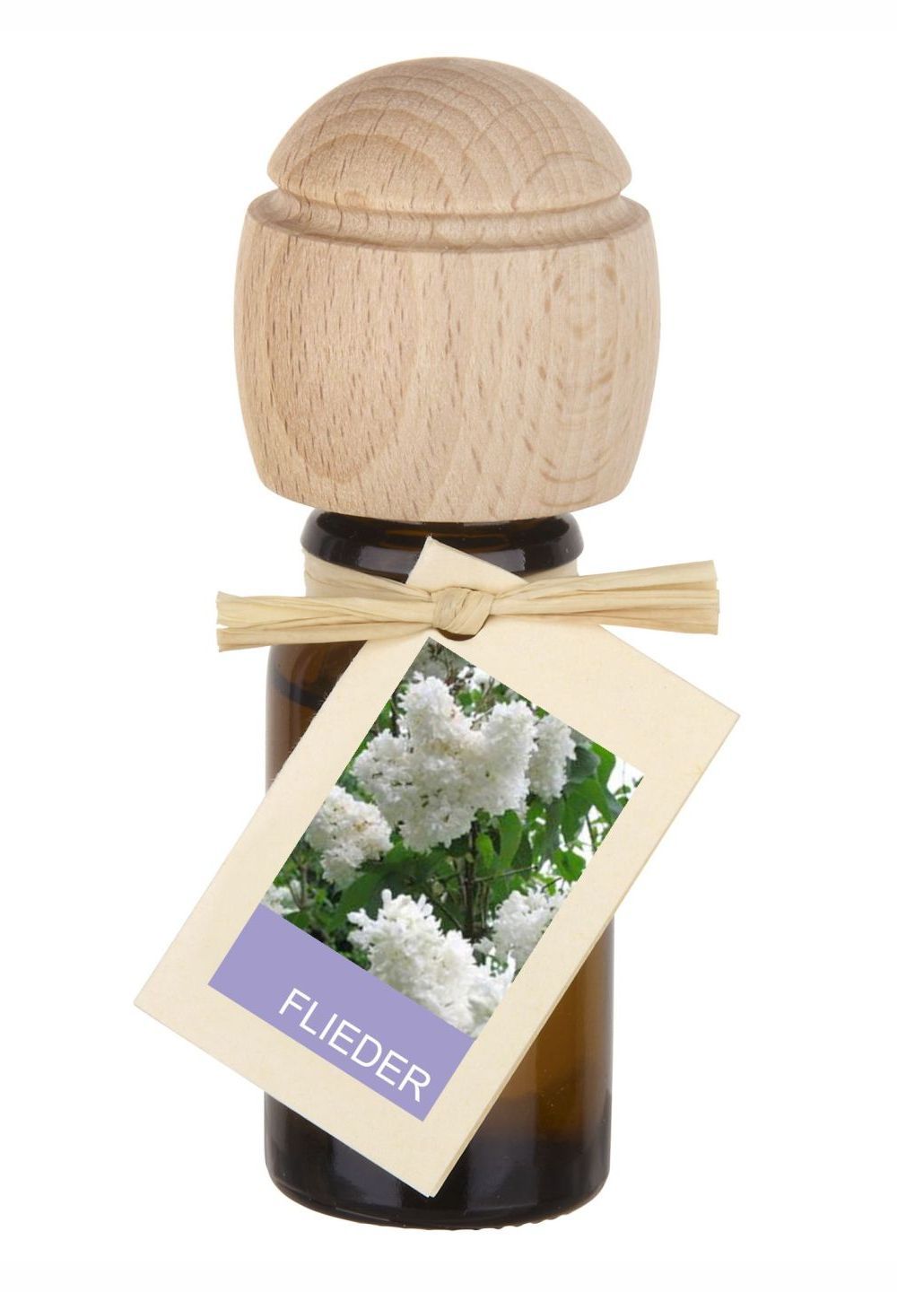 Braune Glasflasche mit Holzverschluss und Etikett. Etikett mit Flieder-Abbildung und Schriftzug "FLIEDER".