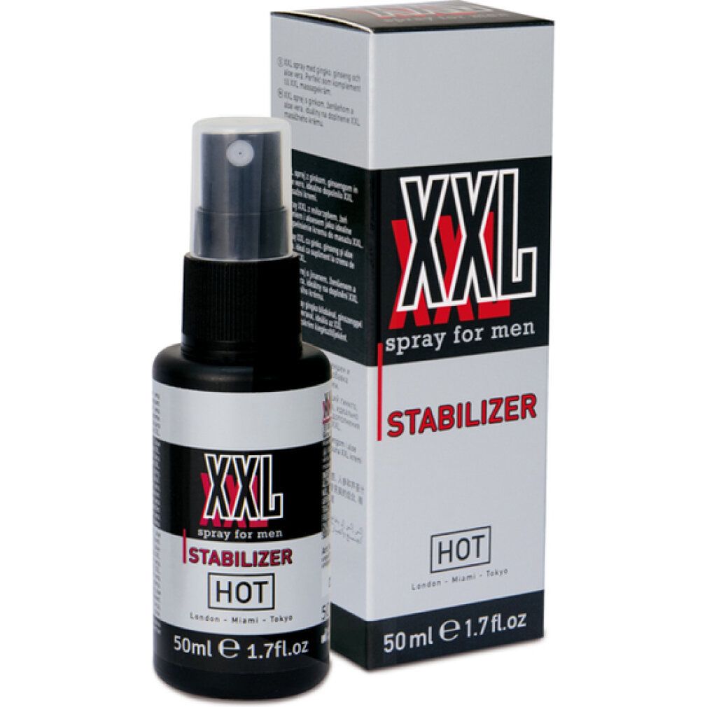 Schwarze Sprühflasche mit Verpackung. Aufschrift: XXL spray for men, Stabilizer, HOT, 50ml.