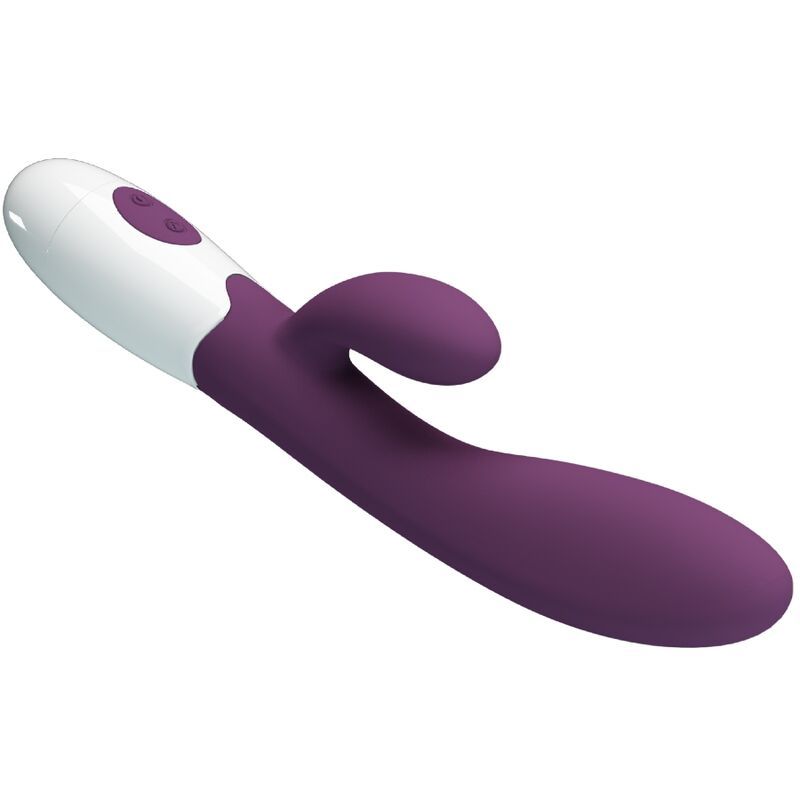 Lila Vibrator mit weißem Kopf. Gebogene Form. Zwei Knöpfe. Schräge Ansicht.
