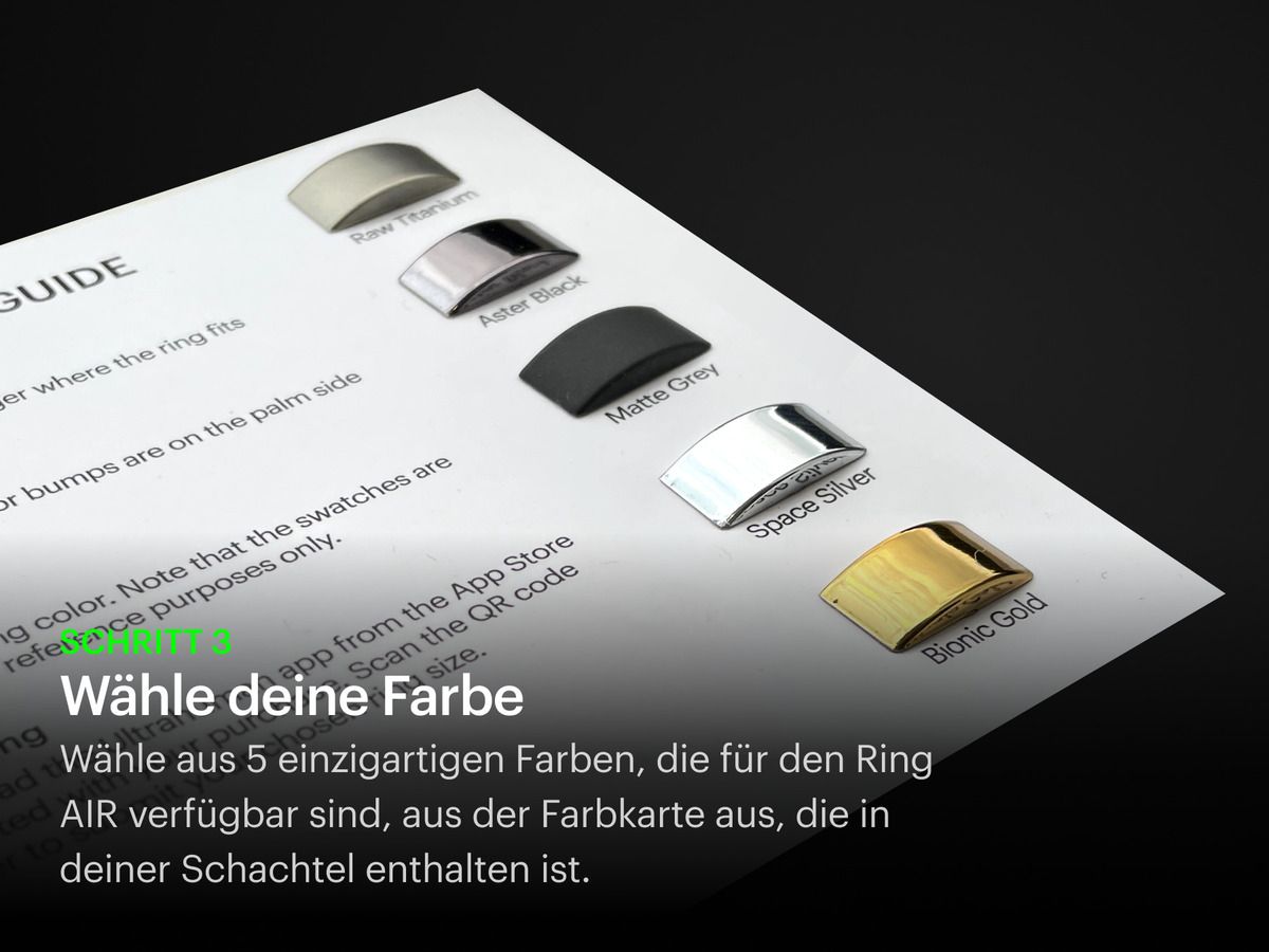 Farbkarte mit 5 Ringfarben. Text: Wähle deine Farbe.