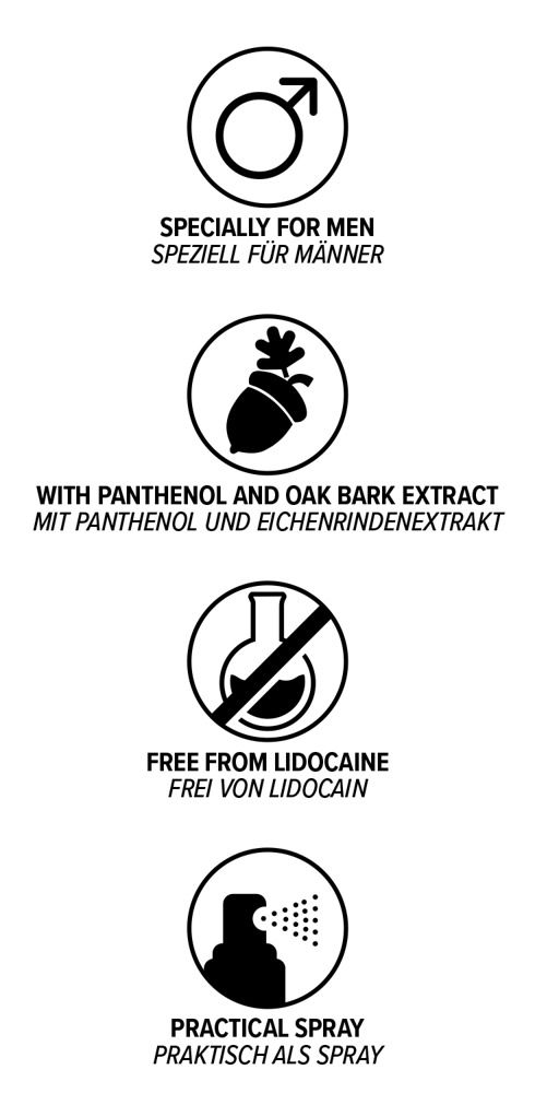 Piktogramme: Männlich, Eichenrinde, kein Lidocain, praktisches Spray. Texte: speziell für Männer, mit Panthenol und Eichenrindenextrakt, frei von Lidocain.