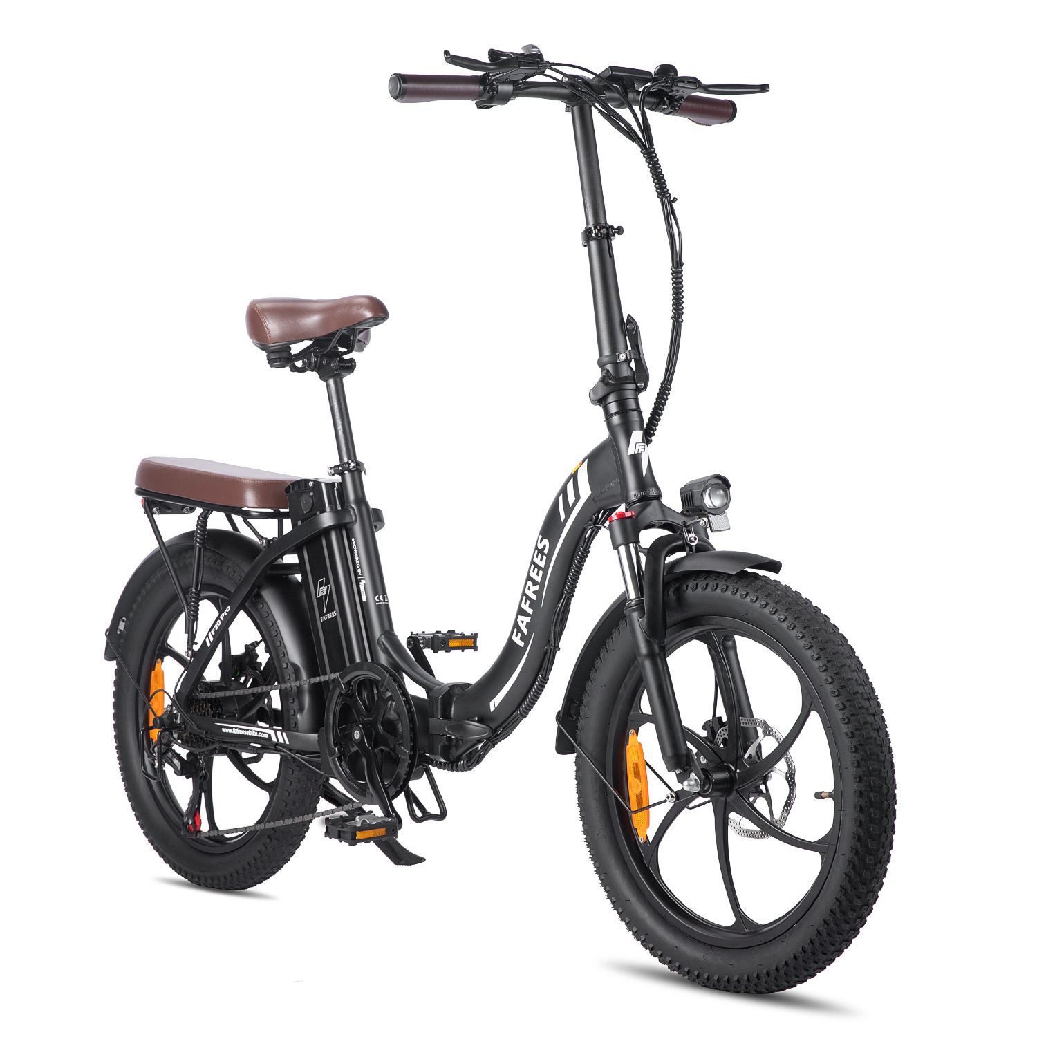 Schwarzes Fafrees F20 Pro E-Bike mit braunem Sattel. Sichtbare Details: Marke, Scheinwerfer, Schutzbleche.