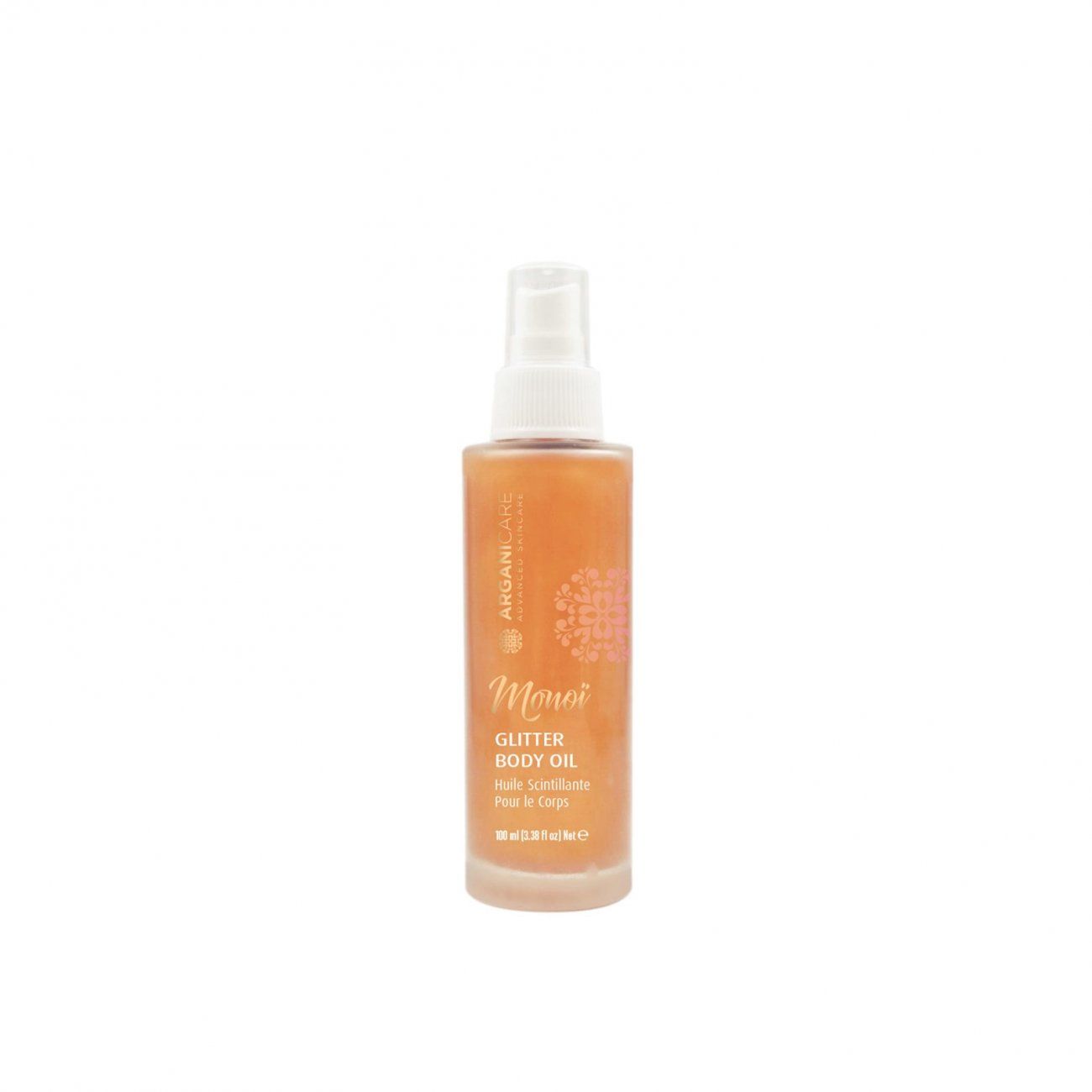 Arganicare Monoï Glitzeröl. Flasche mit Sprühkopf. Orangefarbene Flüssigkeit. Text: Glitter Body Oil, Huile scintillante pour le corps.