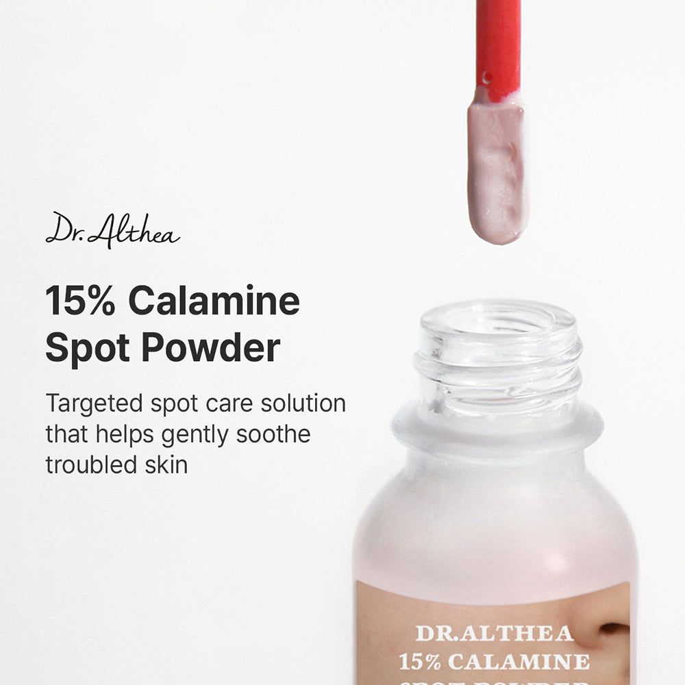 Dr. Althea 15% Calamine Spot Powder Flasche und Applikator mit Text.