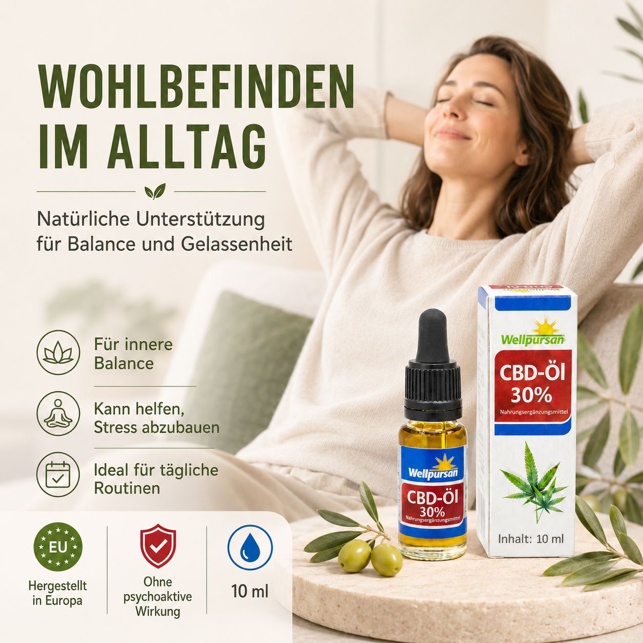 Wellpursan CBD-Öl 30% Flasche mit Pipette, Faltschachtel, Frau entspannt, Icons für Balance, Stressabbau, Alltag.