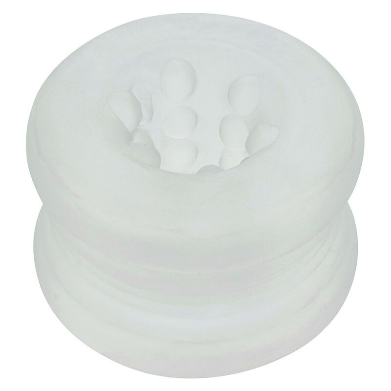 Ringförmiges Produkt mit Öffnung und inneren Erhebungen. Durchscheinendes Material. Für Intimbereich.