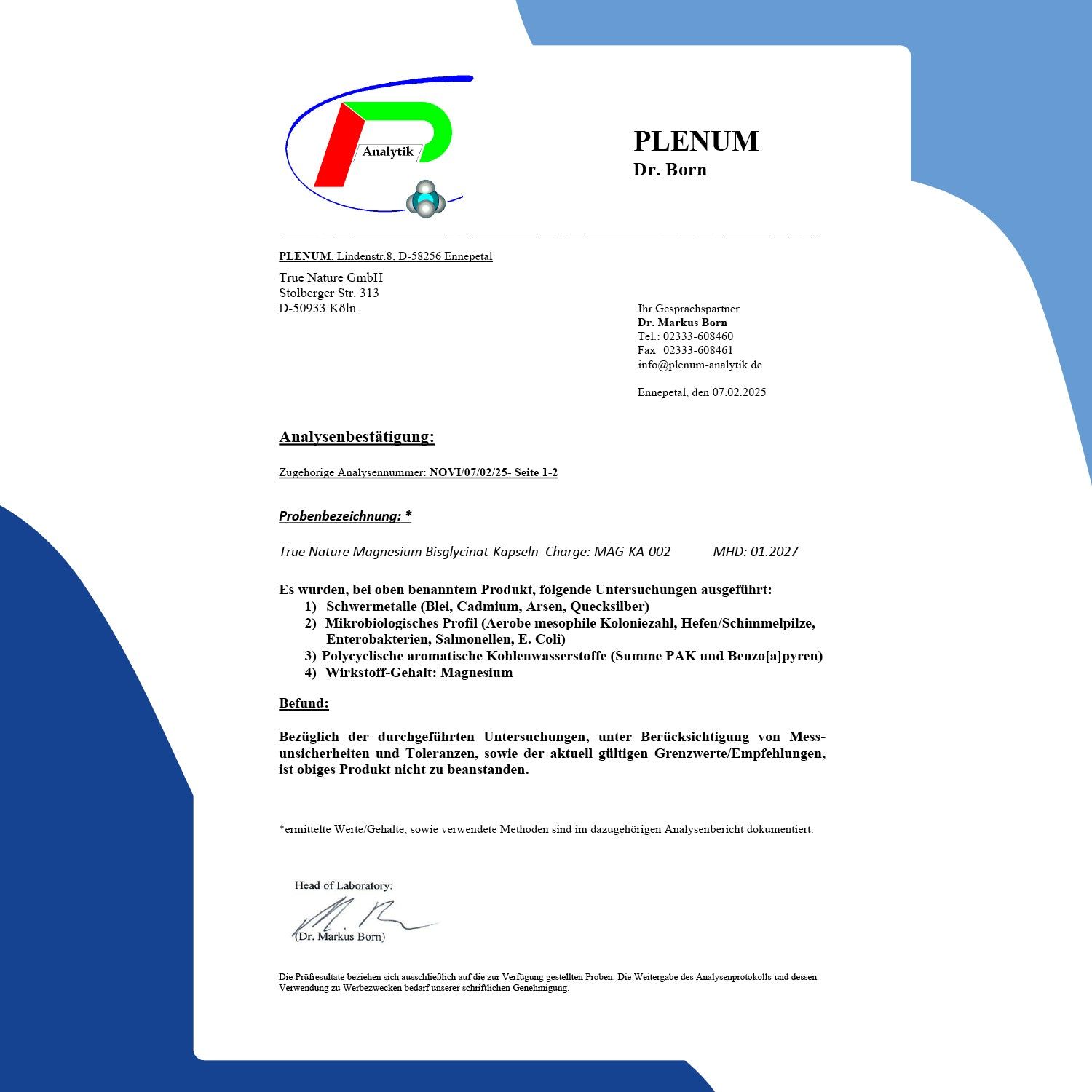 Analysenzertifikat von Plenum Dr. Born. Text: Analysebestätigung. Angaben zu Inhaltsstoffen und Reinheit.