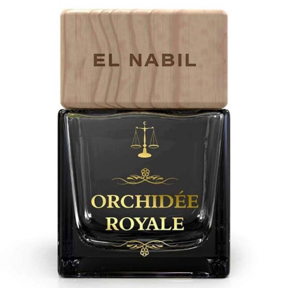 Schwarzer Glasflakon mit Holzdeckel. Aufschrift "EL NABIL" und "ORCHIDÉE ROYALE" in Gold. Abbildung einer Waage.