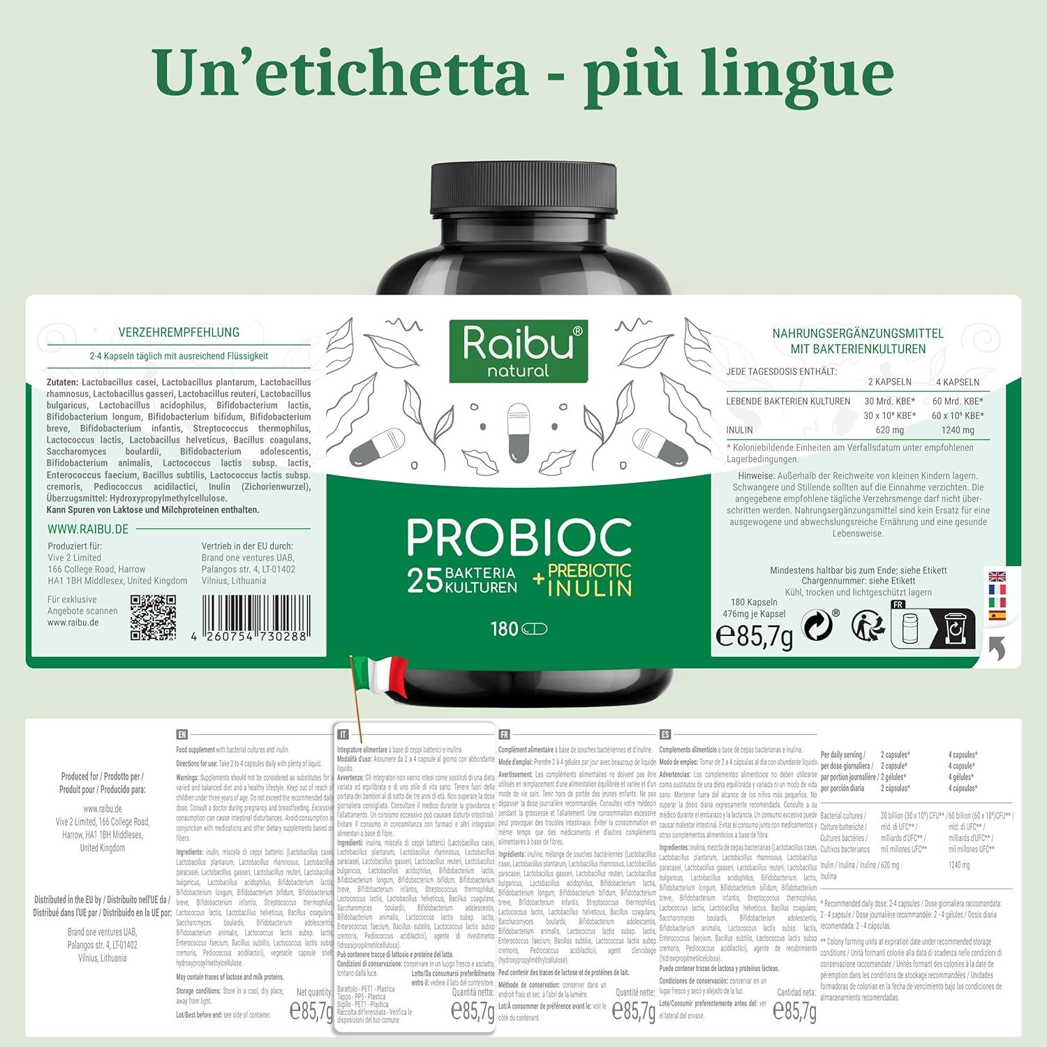 Flacone con etichetta multilingue. Contiene 180 capsule. Scritta: PROBIOC, 25 colture batteriche + Inulina. Marchio: Raibu natural.