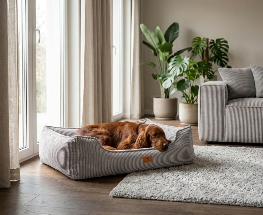 Graues Hundebett mit Hund im Wohnzimmer auf einem Teppich, neben einem Sofa.