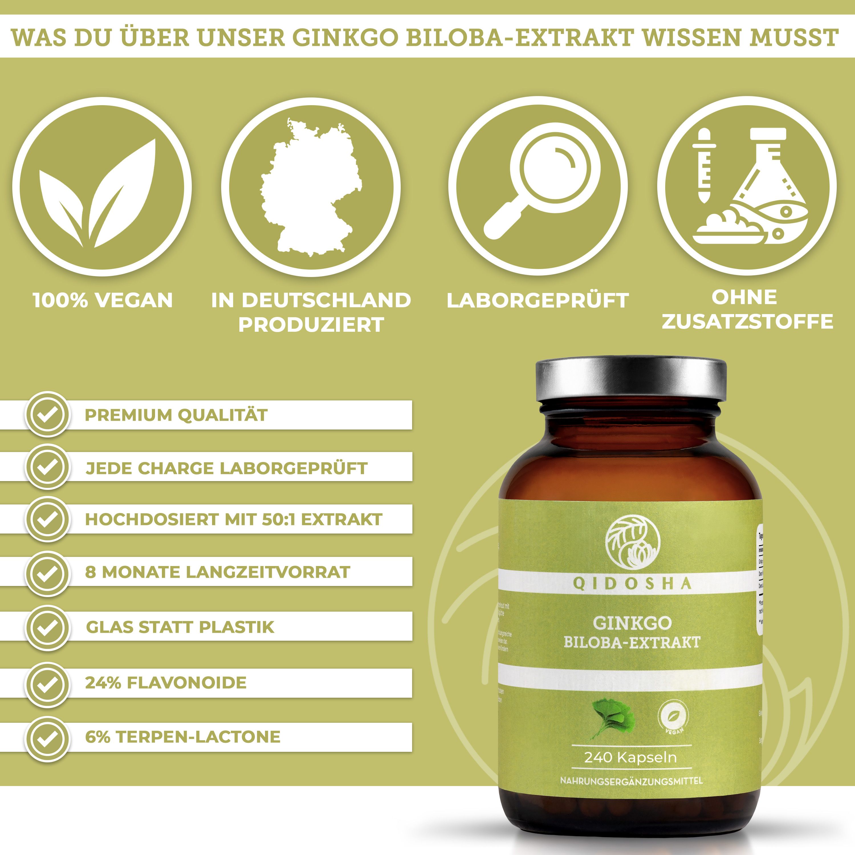 Produktflasche mit Infografiken. QIDOSHA GINKGO BILOBA-EXTRAKT. Logos: vegan, hergestellt in Deutschland, laborgeprüft, ohne Zusatzstoffe.