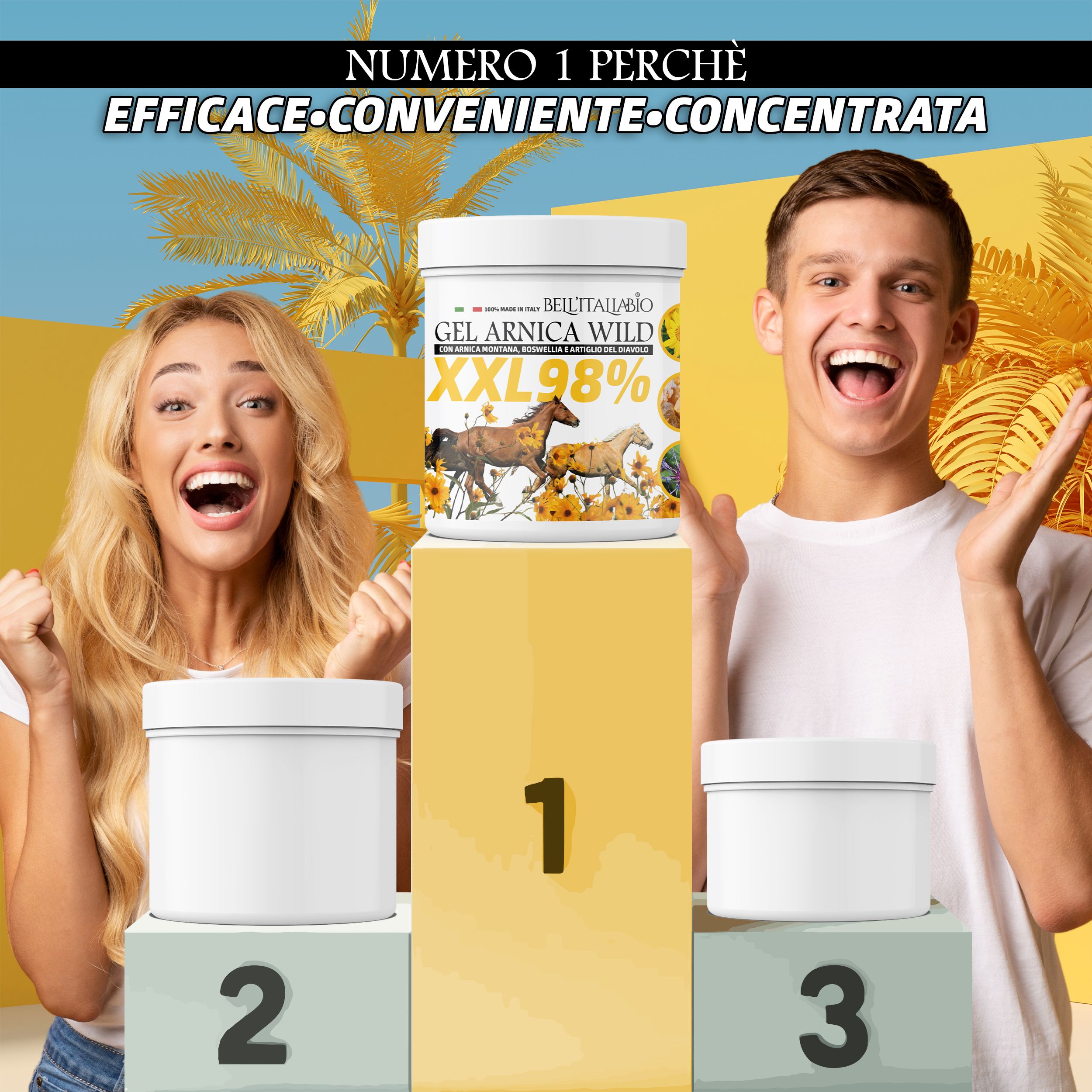 Zwei Personen jubeln. Produktglas mit Aufschrift GEL ARNICA WILD XXL 98%. Drei Produktgläser auf Podest mit Nummern 1, 2 und 3.