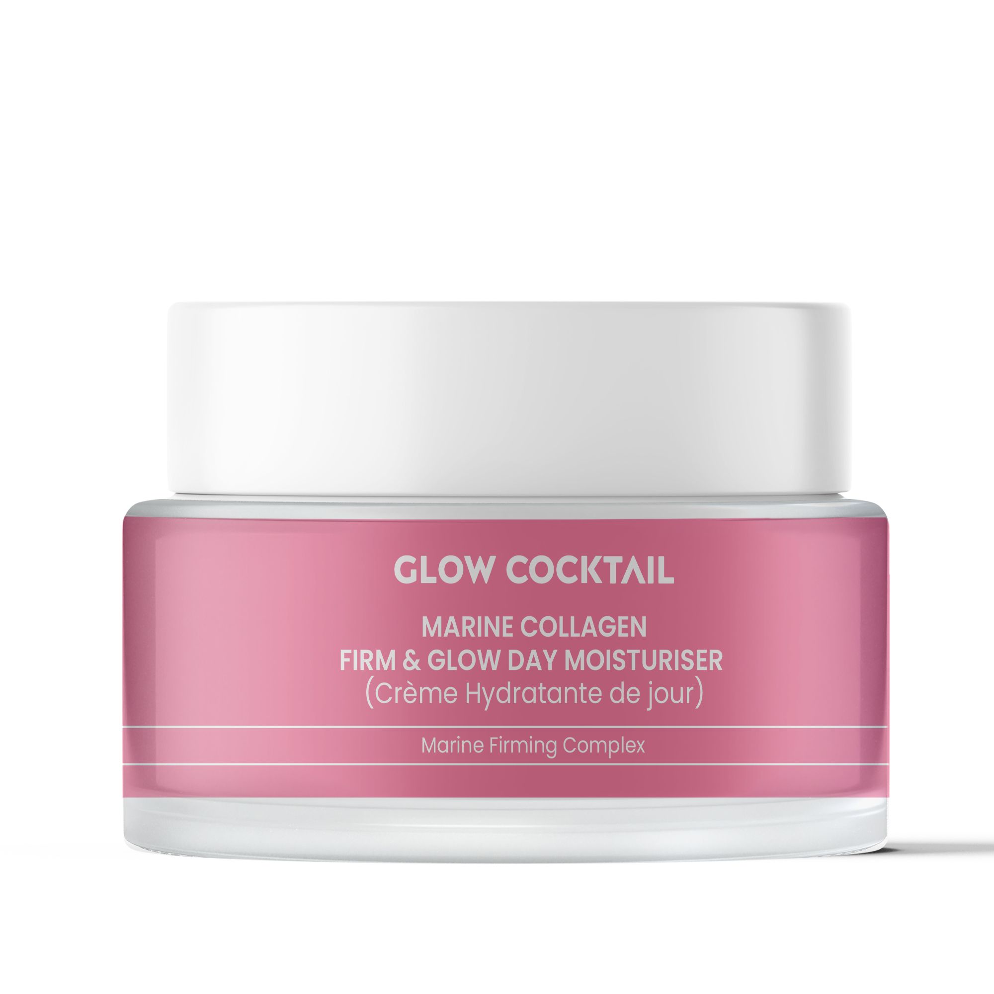 Runder, rosa Tiegel mit weißem Deckel. Aufschrift: GLOW COCKTAIL, MARINE COLLAGEN, FIRM & GLOW DAY MOISTURISER.