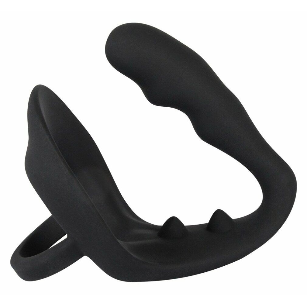 Schwarzer Penis-/Hodenring mit Analplug. Aus Silikon. Mit zwei Erhebungen und einem Ring.