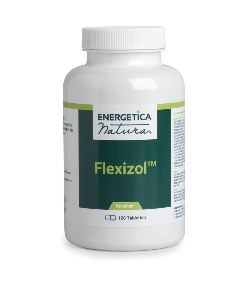 Weiße Flasche mit grünem Etikett. Aufschrift: Flexizol, 120 Tabletten. Marke: Energetica Natura.