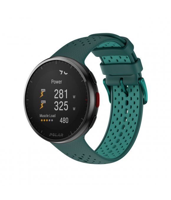 Fitness-Tracker mit grünem Armband. Rundes Display mit Leistungsdaten. Marke: POLAR.