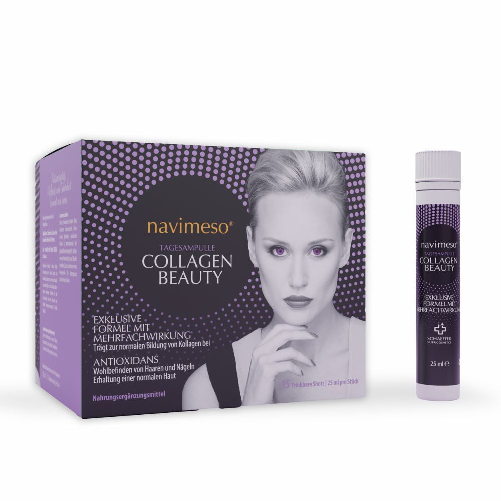 NAVIMESO® Collagen Beauty Verpackung und Trinkampulle. Lila Box mit Frauenporträt und Produktnamen.
