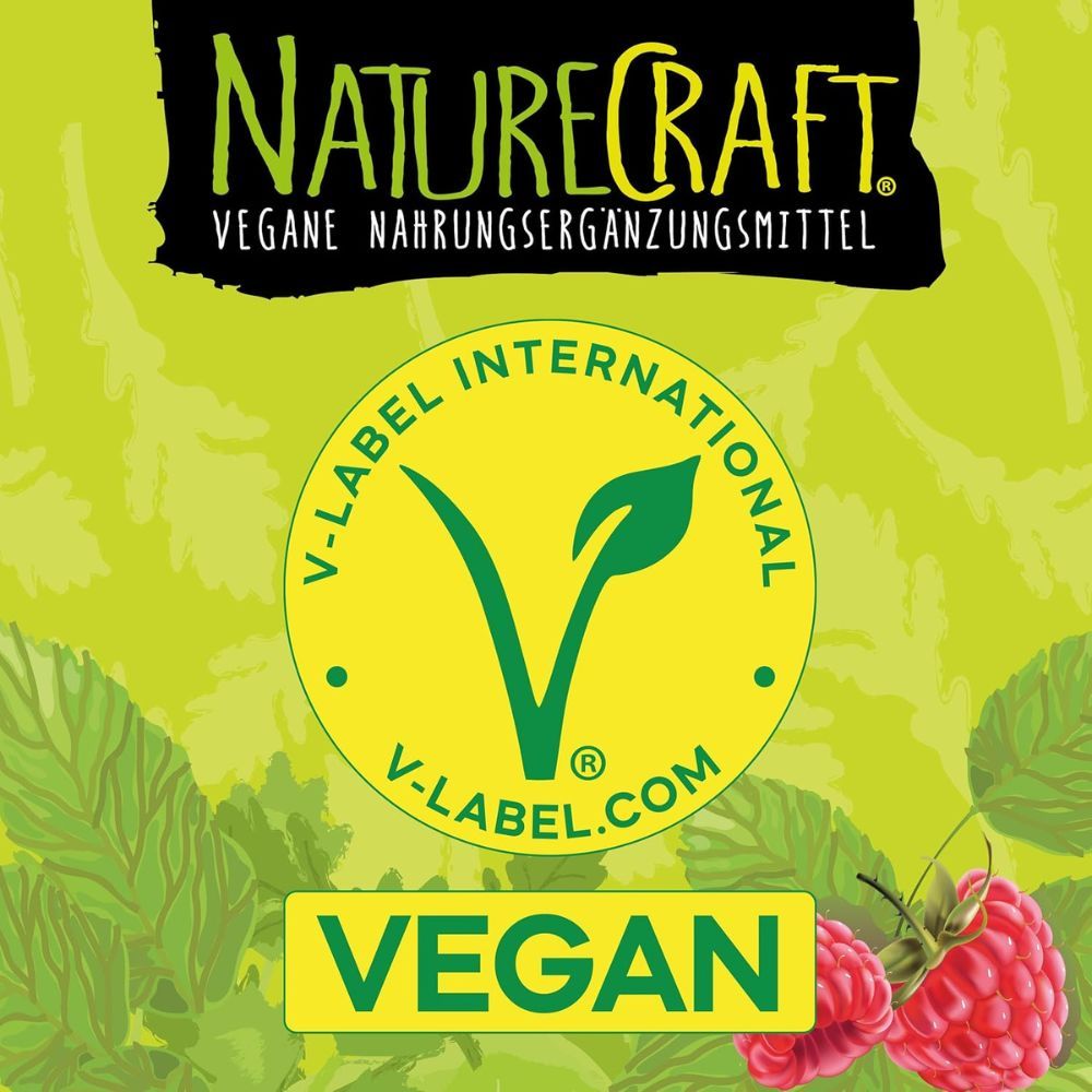 Logo von NatureCraft. Text: Vegane Nahrungsergänzungsmittel. V-Label Vegan.