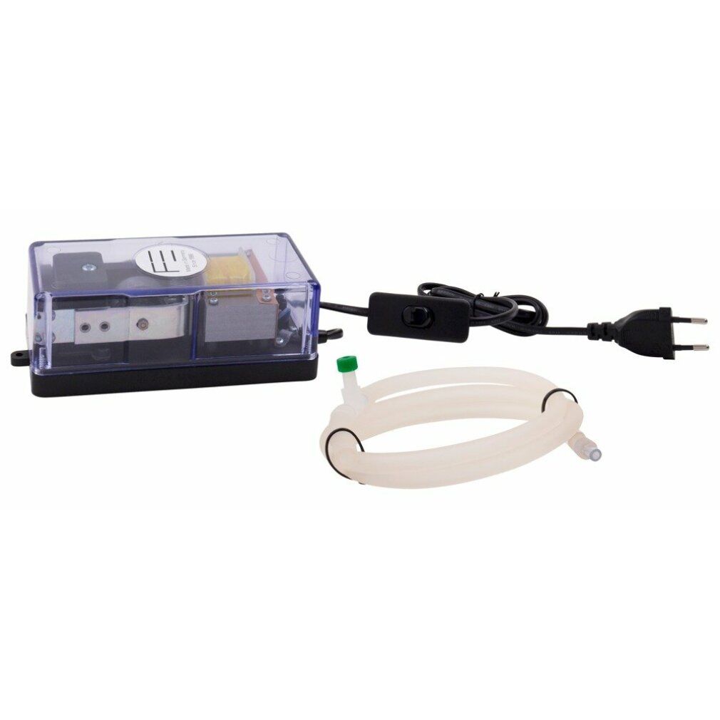 Elektropumpe mit transparentem Gehäuse, schwarzem Sockel, Netzkabel und Schlauch. Ein/Aus-Schalter am Kabel.